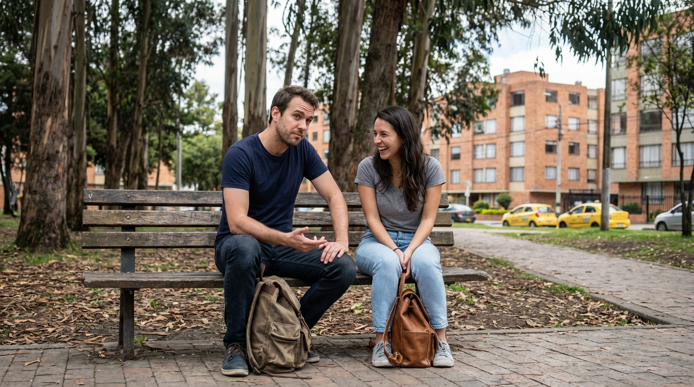 Dos adultos conversan en un parque de Bogotá. Uno pregunta algo con expresión amable, el otro responde sonriendo. La escena es natural, con árboles, banco de madera, ropa informal y luz del día. La interacción muestra cómo hacer preguntas básicas con “to be” en contexto real. No hay subtítulos ni etiquetas visibles.