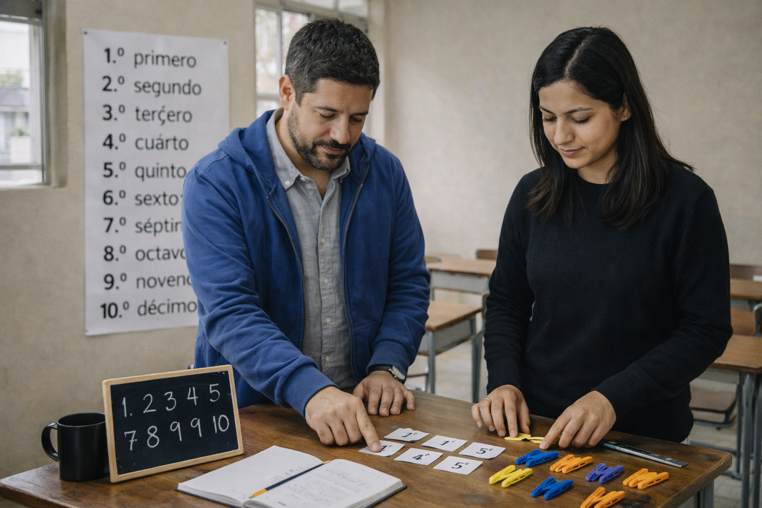 Aula pequeña y luminosa en Montevideo, Uruguay, a media mañana; luz natural neutral entrando por ventanas altas, sombras suaves sobre pupitres de madera. Pared beige claro #E5DFD4 con un cartel limpio y legible en una lámina: “1.º primero, 2.º segundo, 3.º tercero, 4.º cuarto, 5.º quinto, 6.º sexto, 7.º séptimo, 8.º octavo, 9.º noveno, 10.º décimo”, tipografía simple y nítida.  Plano medio con leve ángulo lateral, cámara a ~1.6 m, lente 35 mm, profundidad de campo moderada; nitidez natural, grano muy sutil. Imagen hiperrealista estilo fotografía cinematográfica, detalle fino en piel, telas y plástico sin apariencia de porcelana.  Dos adultos latinos: docente de ~41 años, piel clara-oliva, cabello castaño con canas, camisa gris #737373 y chaqueta azul principal #233EFF; asistente de ~29 años, piel trigueña, cabello negro lacio, suéter negro #000000. Están preparando una actividad: el docente coloca tarjetas ordinales sobre una mesa y el asistente ordena pinzas de colores (amarillo #FFD13F, azul secundario #548DF0, naranja #F7921E) junto a una regla metálica; todo claramente visible, proporcional y físicamente coherente, sin objetos imposibles.  Evitar estética cartoon, ilustración, anime, render 3D; evitar rostros duplicados, manos deformes, proporciones irreales, texto ilegible, superficies plásticas brillantes; mantener realismo cotidiano, coherencia física y detalle natural.