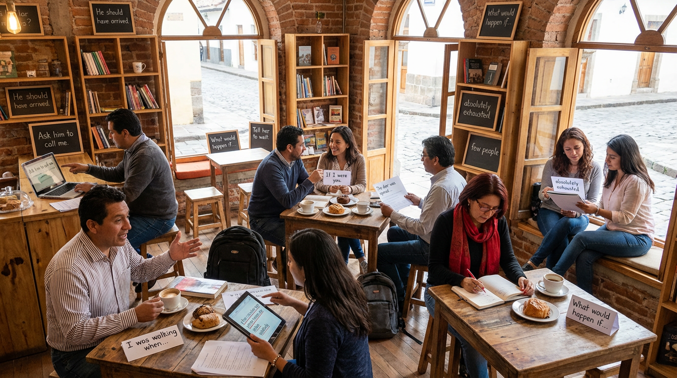 Escena en una cafetería-librería de Cuenca, Ecuador. Ocho adultos latinos usan inglés intermedio para narrar, dar instrucciones, debatir hipótesis y corregir textos. Fondos con café, libros, hojas con frases gramaticales complejas y conversaciones naturales.