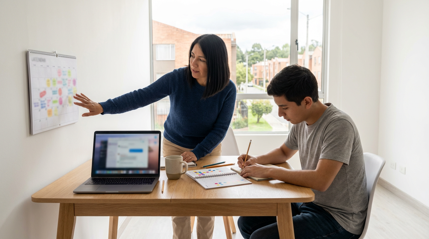 Escena hiperrealista de estudio en casa: dos estudiantes latinos revisan un calendario y un cuaderno de práctica para aprender meses en inglés, con laptop y luz natural, composición minimalista sin texto legible.