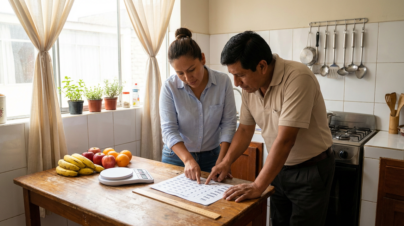 Adultos latinos aprendiendo a contar en inglés con frutas y reglas sobre una mesa, con expresión de concentración y alegría.