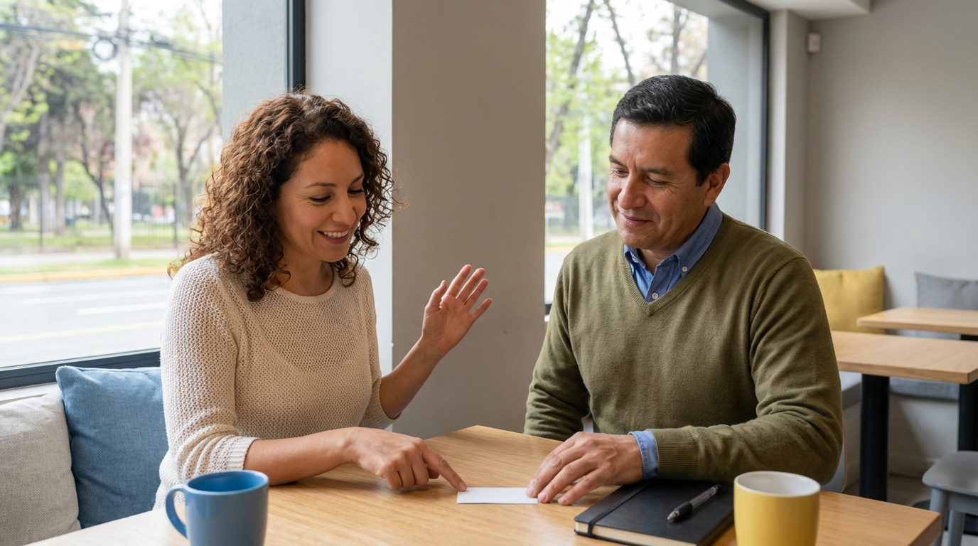 Imagen hiperrealista en una cafetería en Santiago, dos personas latinas practicando presentarte en inglés con saludo y conversación amigable, cuaderno y bolígrafo sobre la mesa.