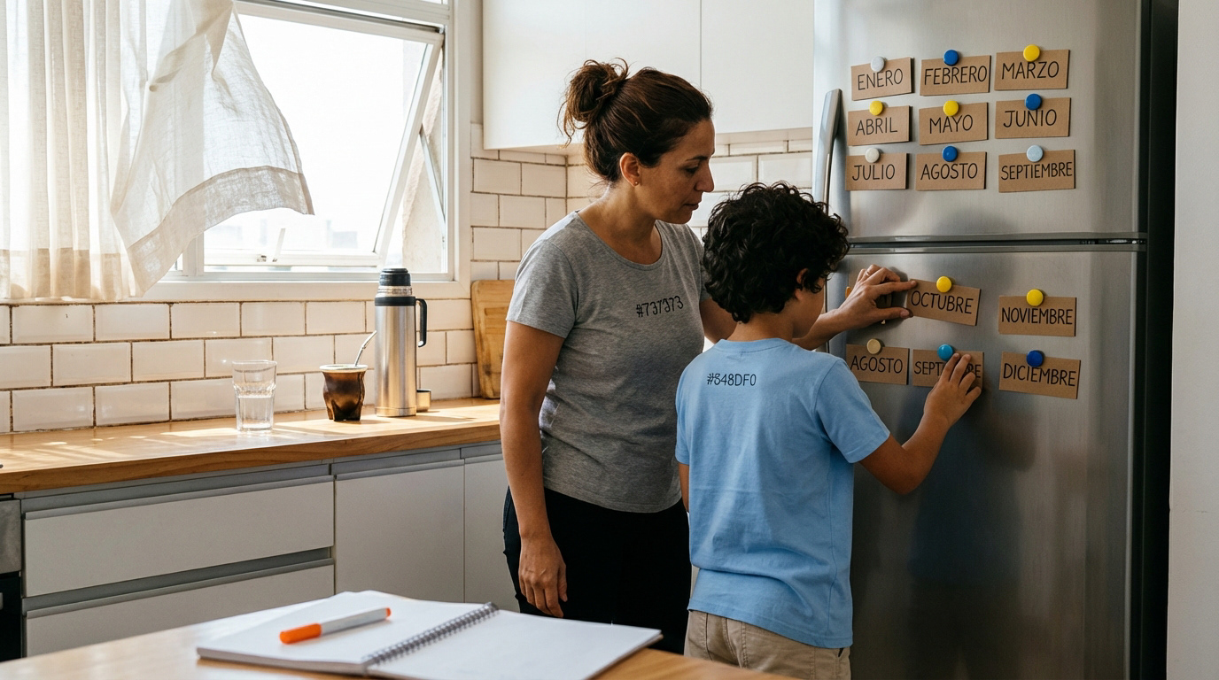  Cocina luminosa de un apartamento en Montevideo, Uruguay, una tarde clara; azulejos blancos con juntas gastadas, una ventana abierta con brisa suave, taza de vidrio con agua y un termo de mate sobre la mesada, luz natural neutral y sombras coherentes sobre el piso.  En primer plano, una mujer latina de unos 32 años, piel oliva, cabello castaño lacio recogido, remera gris #737373 y pantalón negro #000000; junto a ella, un niño de unos 8 años con rulos oscuros, camiseta azul secundario #548DF0 y short beige claro #E5DFD4. Están organizando en el refrigerador tarjetas de cartulina mate con los meses del año, texto nítido y legible: enero a diciembre, sujetas con imanes azul principal #233EFF y amarillo #FFD13F; un marcador naranja acento #F7921E y un cuaderno abierto sobre la mesa.  Acción natural: el niño pega “septiembre” mientras la mujer alinea “octubre” y “noviembre”, ambos concentrados y tranquilos, gestos cotidianos; cada tarjeta visible, bordes rectos, papel real, sin elementos imposibles.  Imagen hiperrealista estilo fotografía cinematográfica, plano medio cercano a 1.3 m, lente 35mm, profundidad de campo moderada con fondo suavemente desenfocado, nitidez natural en piel, telas y papel, grano muy sutil, sin apariencia plástica. Evitar estética cartoon/ilustración/anime/render 3D, evitar rostros duplicados, manos deformes, proporciones irreales, texto ilegible y superficies tipo porcelana; realismo y coherencia física total.