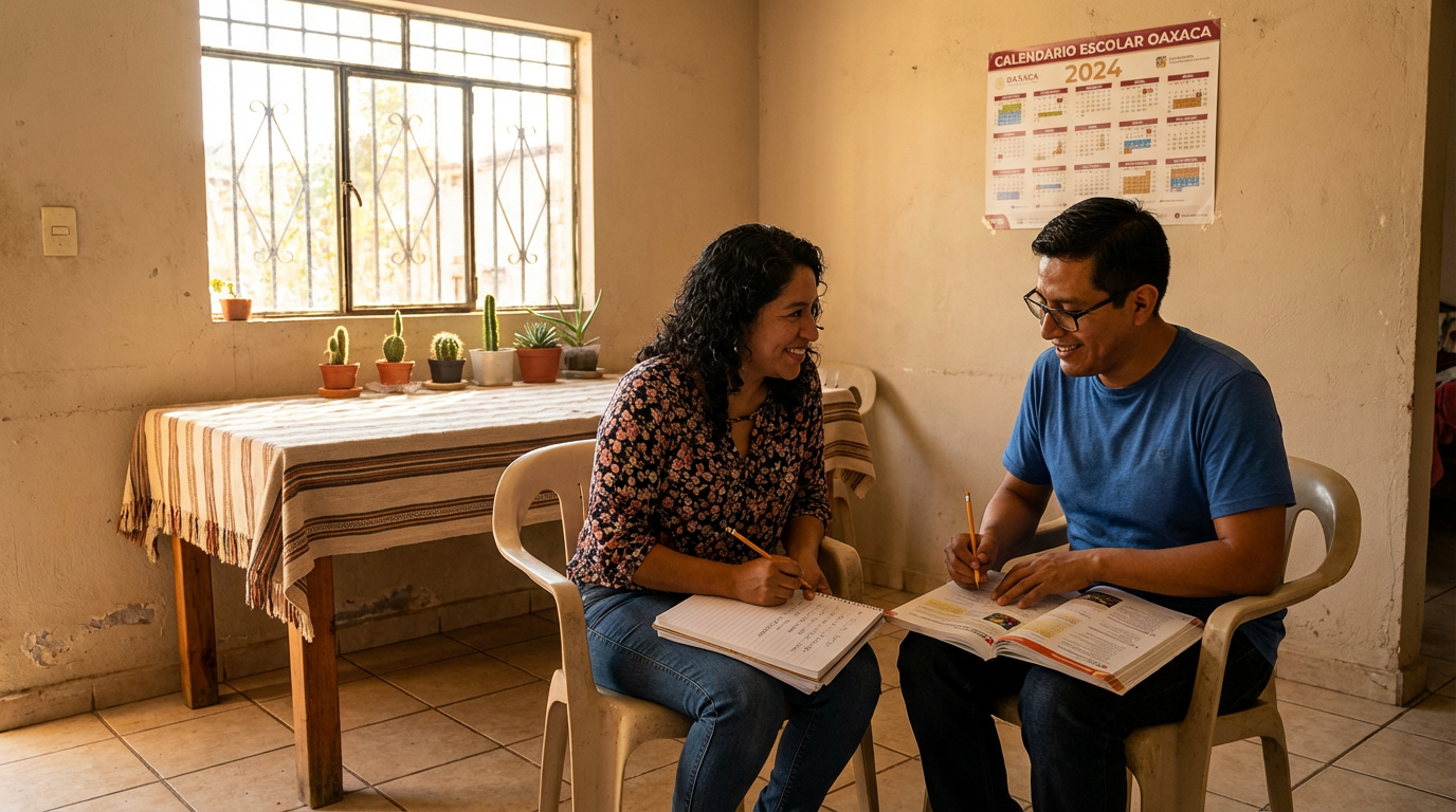 Dos adultos latinoamericanos conversan en un comedor hogareño con luz natural mientras practican conectores en inglés para principiantes. En la mesa hay un cuaderno abierto y un lápiz.