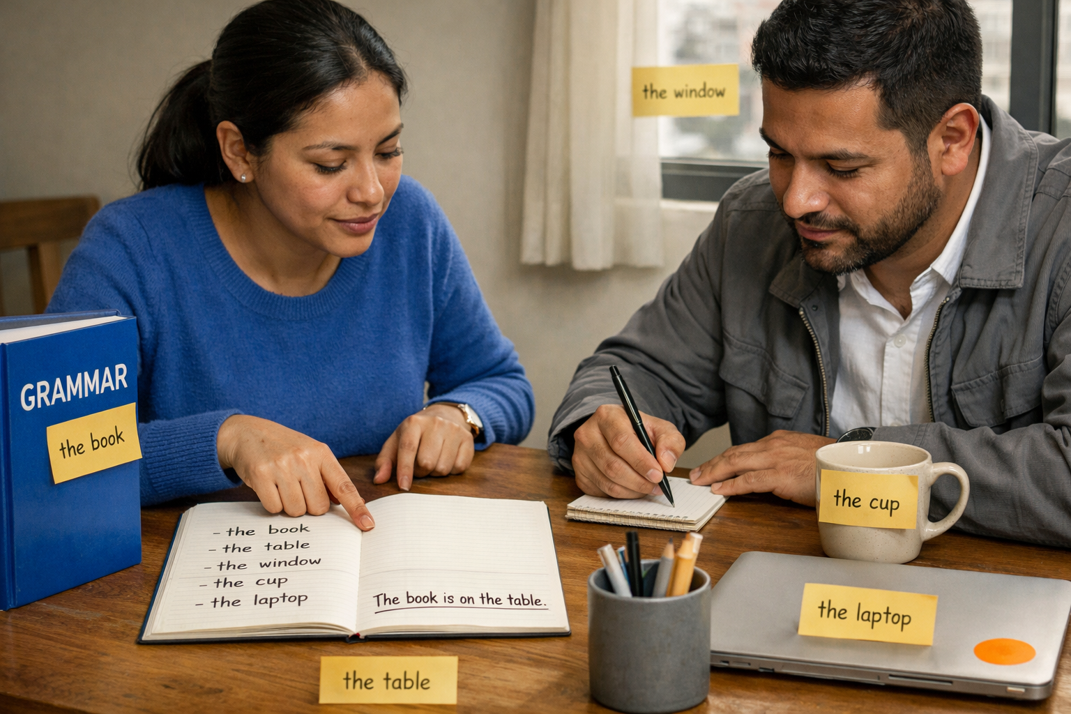 Sala de estudio sencilla en un departamento de Lima, Perú, tarde clara con luz neutral entrando por una ventana; sombras suaves sobre una mesa de madera. Se ven claramente un cuaderno abierto, un libro de gramática con lomo azul principal #233EFF, notas adhesivas amarillo #FFD13F, un portalápices gris #737373, una taza beige claro #E5DFD4 y una laptop cerrada con un pequeño sticker naranja acento #F7921E; todo con textura real (papel, tinta, madera, cerámica) y sin objetos imposibles.  Dos adultos latinos: una mujer de ~32 años, piel trigueña con poros visibles, cabello negro lacio recogido, suéter azul secundario #548DF0; un hombre de ~35 años, barba corta, piel morena clara, camisa blanca y chaqueta ligera gris #737373. Están practicando el artículo definido “the” de forma cotidiana: ella señala el cuaderno y él escribe ejemplos mientras colocan notas en objetos reales de la mesa. En el cuaderno y en las notas se lee nítido y legible: “the book”, “the table”, “the window”, “the cup”, “the laptop”, y una frase simple: “The book is on the table.” (texto perfectamente enfocado, sin letras raras ni borrosas).  Fotografía cinematográfica hiperrealista, plano medio cercano desde el borde de la mesa; lente 50mm, profundidad de campo moderada para mantener nítidos rostros, manos y texto, con fondo suavemente desenfocado. Piel y telas con detalle natural (sin apariencia plástica), sombras coherentes, grano muy sutil opcional, colorimetría realista.  Evitar estética cartoon/ilustración/anime/render 3D, evitar rostros duplicados, manos deformes o dedos extra, proporciones irreales, reflejos imposibles, superficies tipo porcelana y texto ilegible; mantener coherencia física y realismo cotidiano.