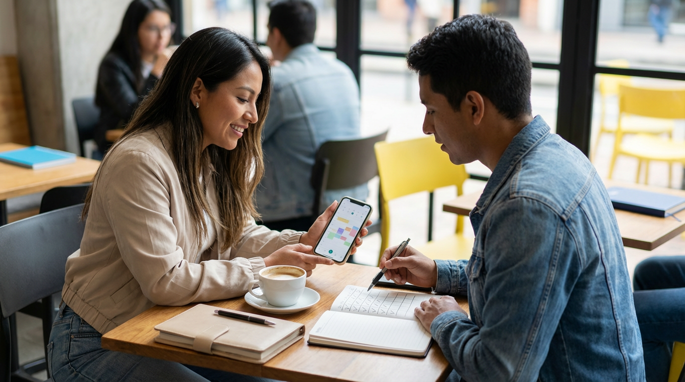 Escena cotidiana hiperrealista de dos adultos latinos planificando en una cafetería con un móvil y un calendario, practicando fechas en inglés sin texto en pantalla.