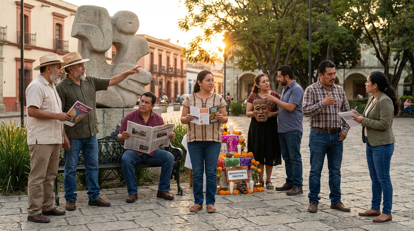 En una plaza cultural de Oaxaca, México, adultos latinos discuten sobre arte, medioambiente, justicia, tradiciones y comunicación intercultural. Carteles en inglés, esculturas y símbolos culturales acompañan la conversación reflexiva y crítica.