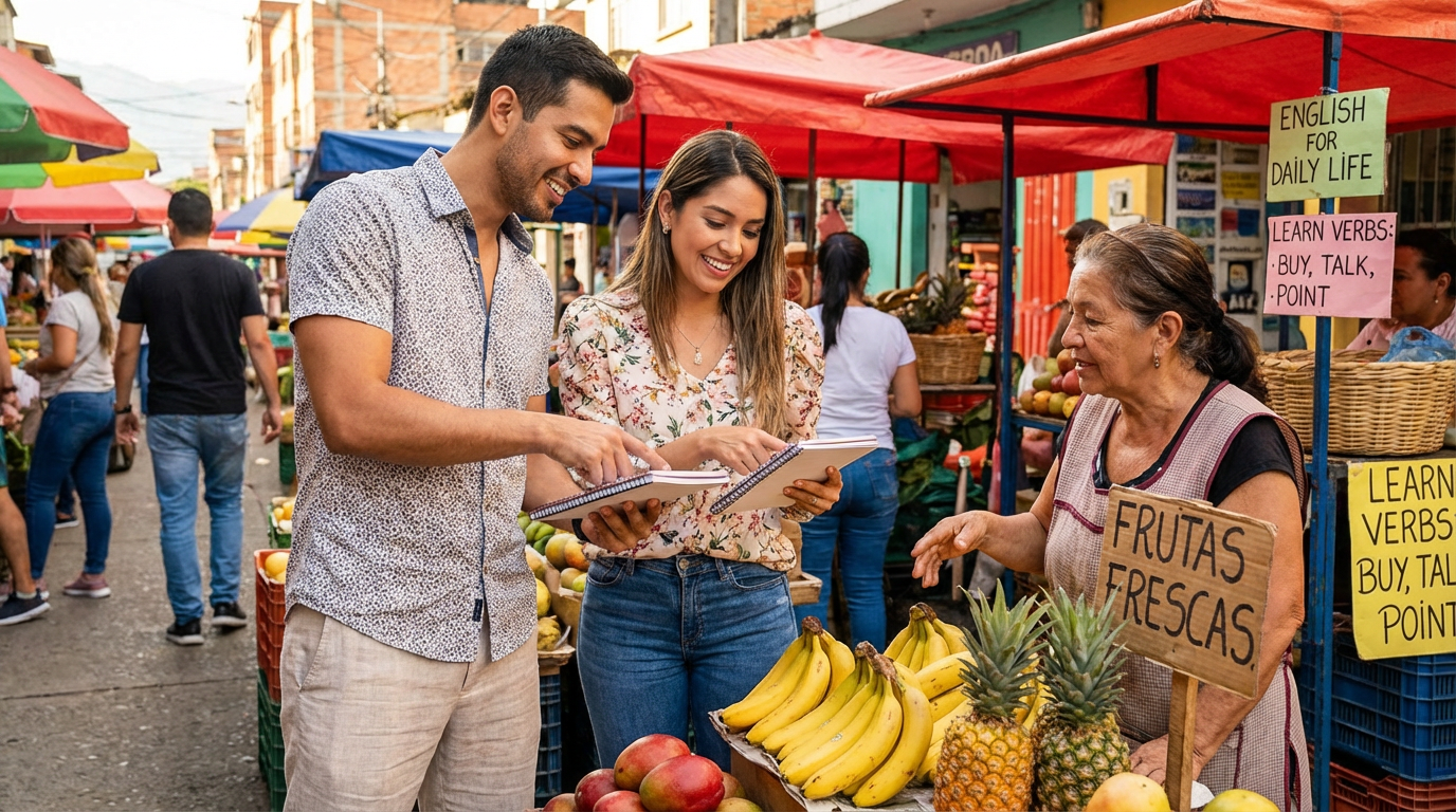 En la imagen se observa un mercado al aire libre en un entorno urbano, con varios puestos de frutas y personas caminando por el lugar.  En primer plano aparecen dos jóvenes (un hombre y una mujer) sonriendo mientras revisan una libreta. Ambos señalan algo escrito, como si estuvieran tomando notas o aprendiendo. Frente a ellos hay una vendedora de frutas, una mujer mayor, que les muestra los productos de su puesto.  Sobre la mesa se ven bananos, piñas y mangos, y un cartel que dice “FRUTAS FRESCAS”. En el fondo hay otros letreros en inglés que dicen “English for Daily Life” y “Learn verbs: Buy, Talk, Point”, lo que sugiere que los jóvenes podrían estar practicando inglés en una situación de la vida real.  El ambiente es colorido, animado y comunitario, típico de un mercado latino, donde se mezclan la compra de alimentos con el aprendizaje y la interacción social.