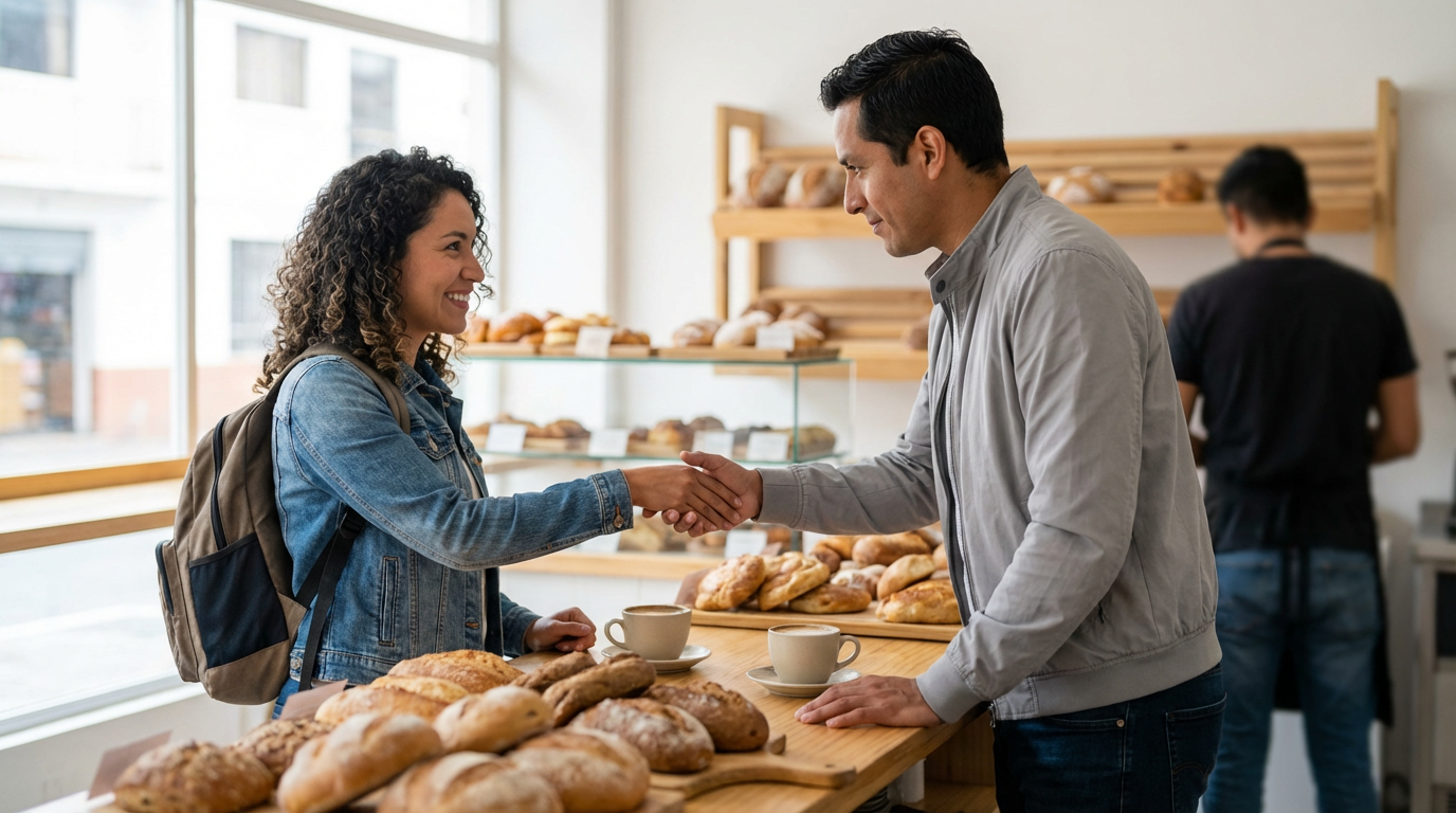 Personas saludándose en una panadería de barrio en Quito, escena cotidiana para practicar saludos en inglés