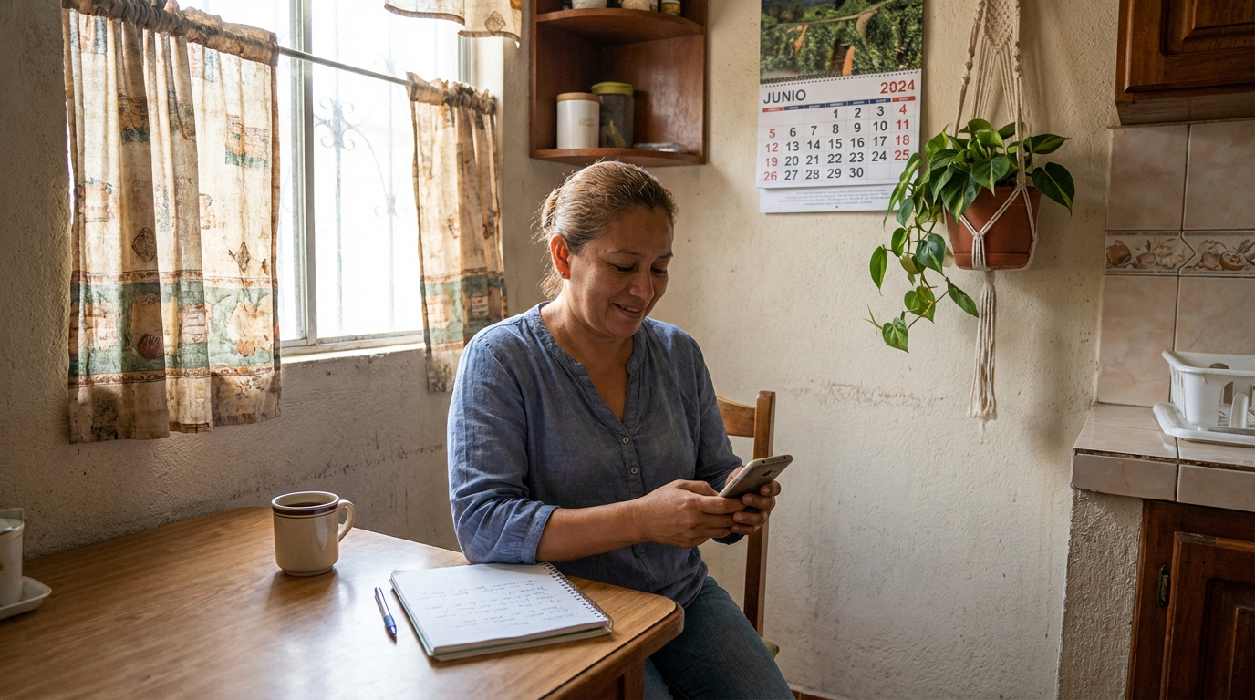 Mujer adulta usando un celular con confianza en una cocina sencilla, mientras practica vocabulario de basic technology in English con un cuaderno de ejercicios.