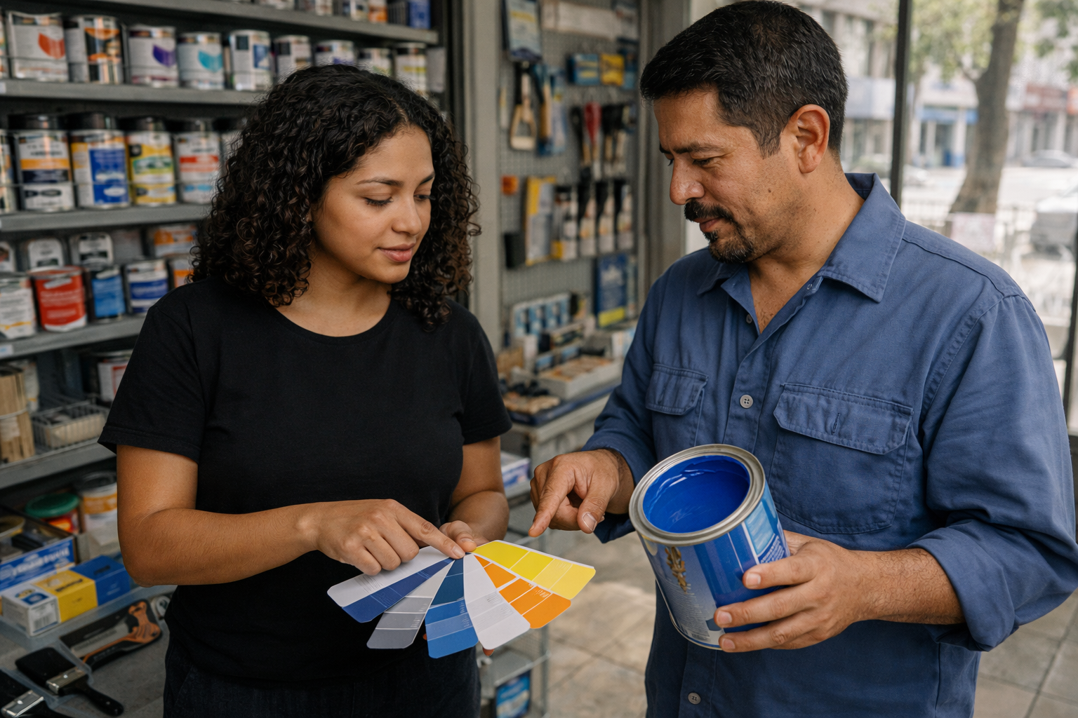 Una imagen hiperrealista estilo fotografía cinematográfica en Ciudad de México, México, dentro de una pequeña tienda de pinturas y ferretería de barrio, tarde luminosa con luz neutra entrando por el ventanal; estanterías metálicas gris #737373, piso de loseta beige claro #E5DFD4, latas de pintura alineadas, brochas limpias y muestras de color en cartón.  Plano medio-cercano a la altura del pecho, lente 35mm, nitidez natural con fondo suavemente desenfocado; textura real en piel, telas y metal, sin apariencia plástica, grano muy sutil, sombras suaves coherentes.  Dos adultos latinos: una mujer de ~28 años, piel canela, cabello rizado suelto, camiseta negra #000000 y pantalón cómodo; un hombre de ~40 años, piel morena, bigote corto, camisa de trabajo azul secundario #548DF0. Están comparando colores de manera cotidiana: ella sostiene un abanico de tarjetas, él muestra una lata abierta con pintura azul principal #233EFF mientras señalan una muestra amarillo #FFD13F; conversan con expresión concentrada y tranquila.  Objetos claramente visibles y físicos: tarjetas de muestra con franjas nítidas (azul #233EFF, amarillo #FFD13F, gris #737373, azul #548DF0, beige #E5DFD4, negro #000000, naranja #F7921E), una cinta métrica con detalles naranja #F7921E, guantes de látex en caja con acento azul, brochas con mango negro y virola metálica. Sin texto legible en etiquetas, solo formas y colores.  Evitar estética cartoon, ilustración, anime, render 3D; sin rostros duplicados, sin manos deformes, sin proporciones irreales, sin superficies tipo porcelana; realismo cotidiano, coherencia física y detalle natural.
