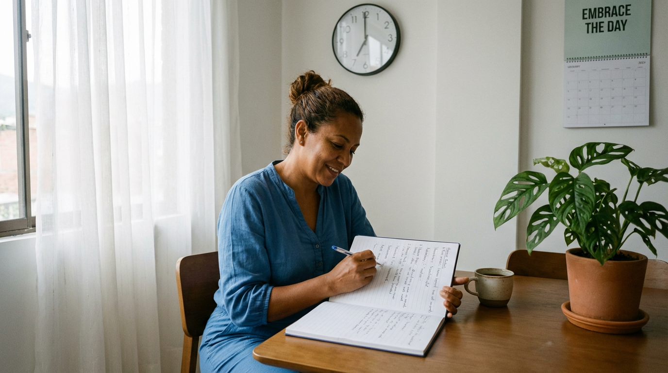 Mujer adulta en su cocina mirando un reloj de pared moderno mientras estudia cómo decir la hora en inglés en su cuaderno.