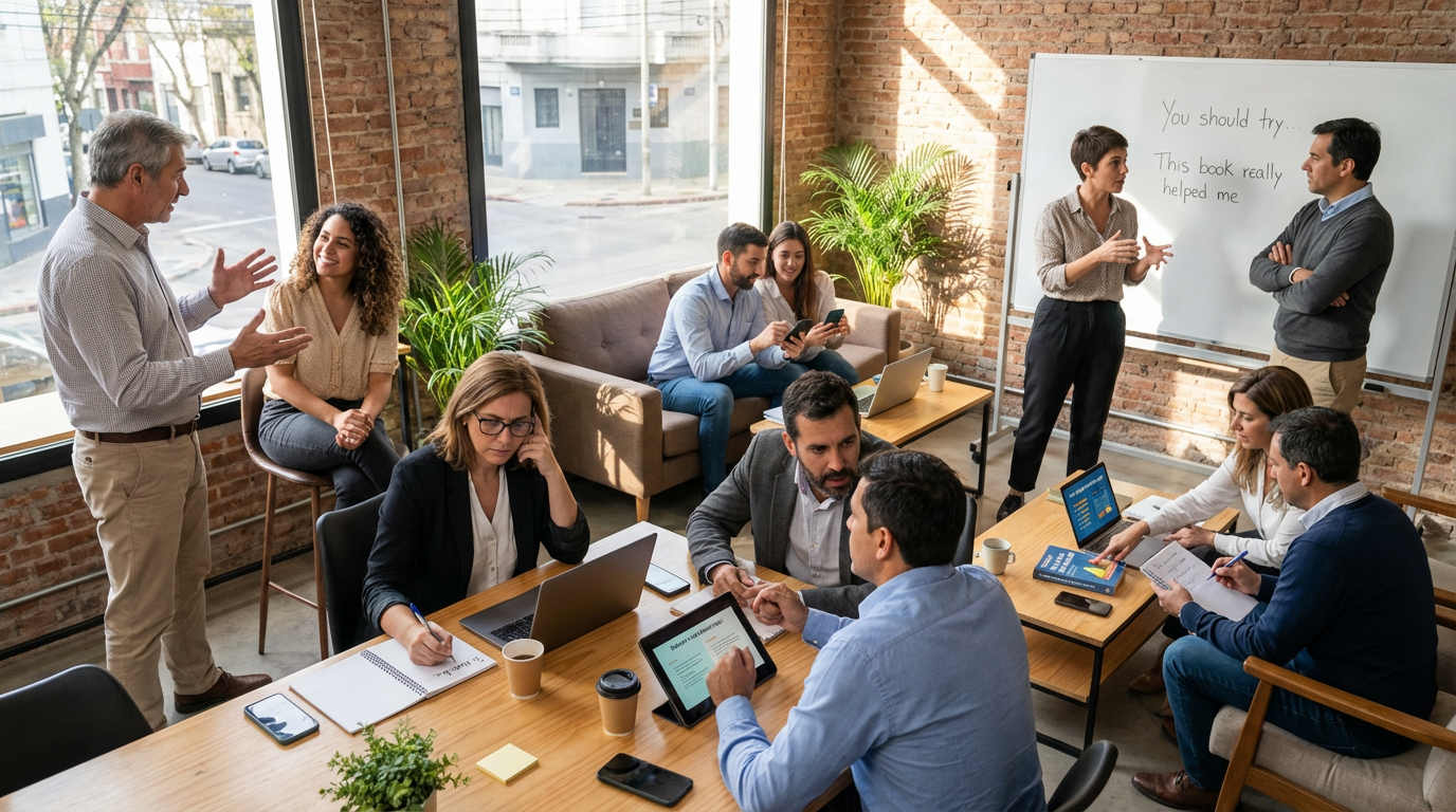 Coworking moderno en Montevideo, Uruguay. Adultos latinos debaten ética, cuentan historias, comparten recomendaciones sobre libros, apps y formas de aprender inglés. Se ven pantallas con frases en inglés y libros de aprendizaje visibles.