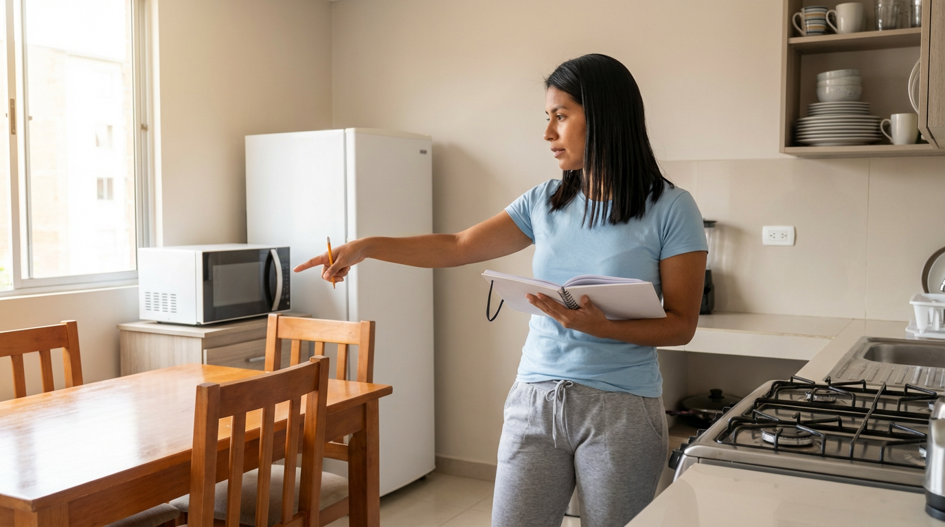 Mujer en casa señalando diferentes objetos mientras practica vocabulario de objetos del hogar en inglés, con expresión atenta y cuaderno abierto.
