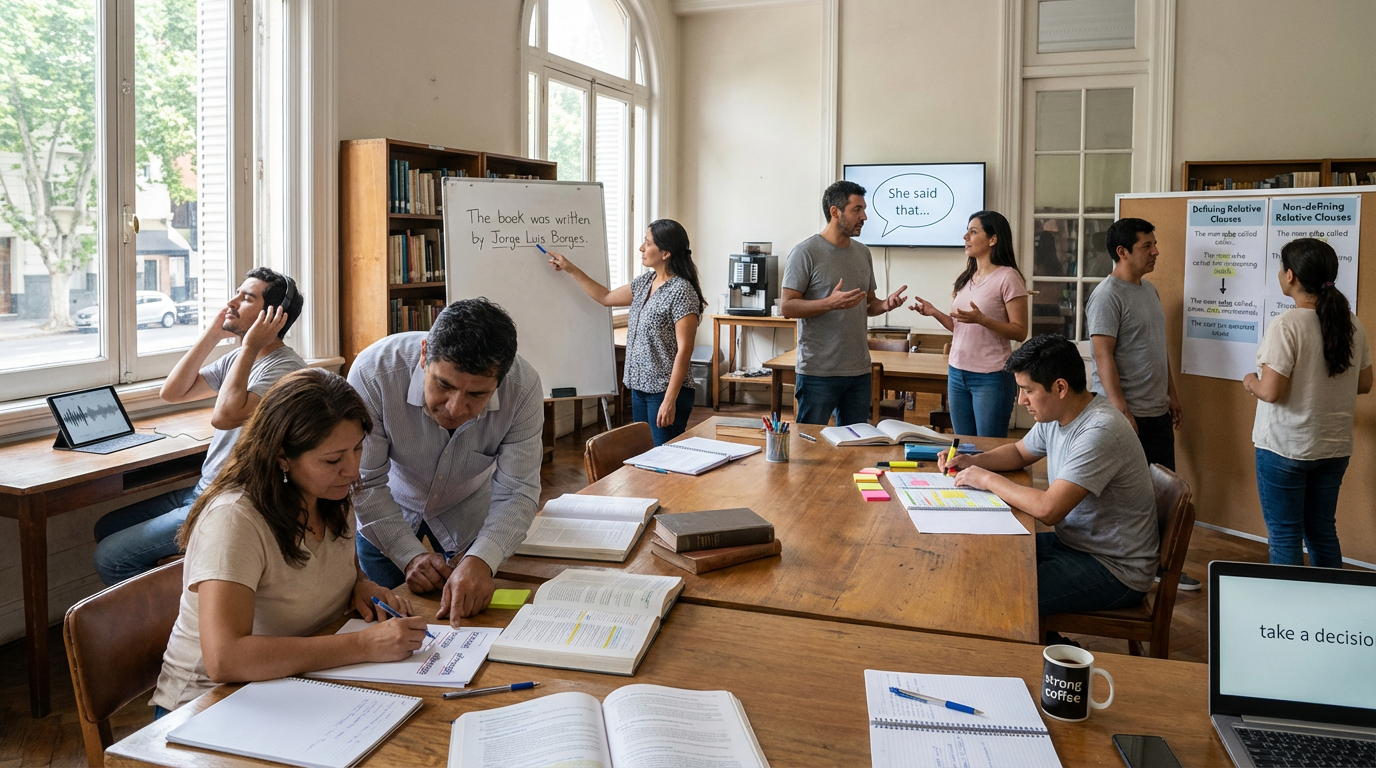 Adultos latinos en una biblioteca de Buenos Aires, subrayando textos, debatiendo estructuras como voz pasiva, oraciones relativas, conectores de causa y contraste. Uso de pizarras, libros abiertos y frases visibles que reflejan lectura y análisis.