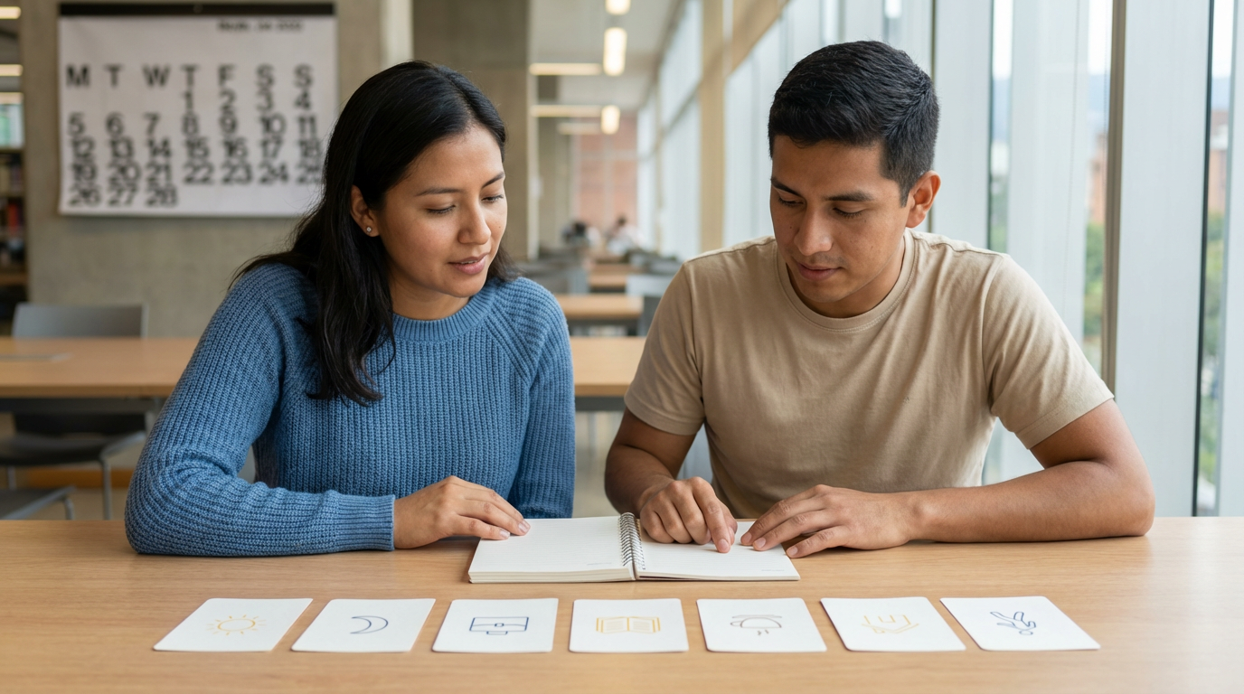 Imagen hiperrealista en biblioteca de Medellín con dos personas practicando los días de la semana en inglés usando siete tarjetas con iconos y un calendario desenfocado, estilo minimalista y educativo.