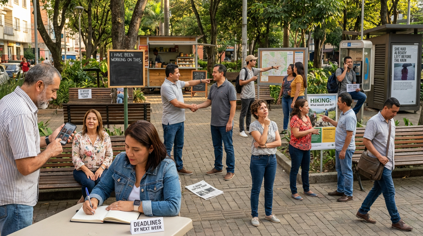 Adultos latinos en un parque de Medellín, Colombia, hablando de experiencias, haciendo planes, predicciones, dando consejos, contando eventos del pasado y escribiendo frases con tiempos verbales complejos. Ambientes con árboles, bancos y papelería visible.