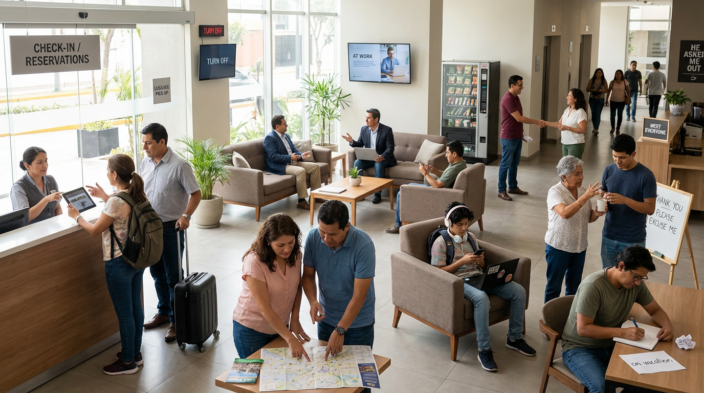 Escena en un lobby de hotel en Lima, Perú. Ocho adultos latinos interactúan sobre temas familiares, verbos frasales, trabajo, emergencias, diferencias culturales y entretenimiento. Se muestran letreros en inglés, equipaje, y gestos conversacionales.