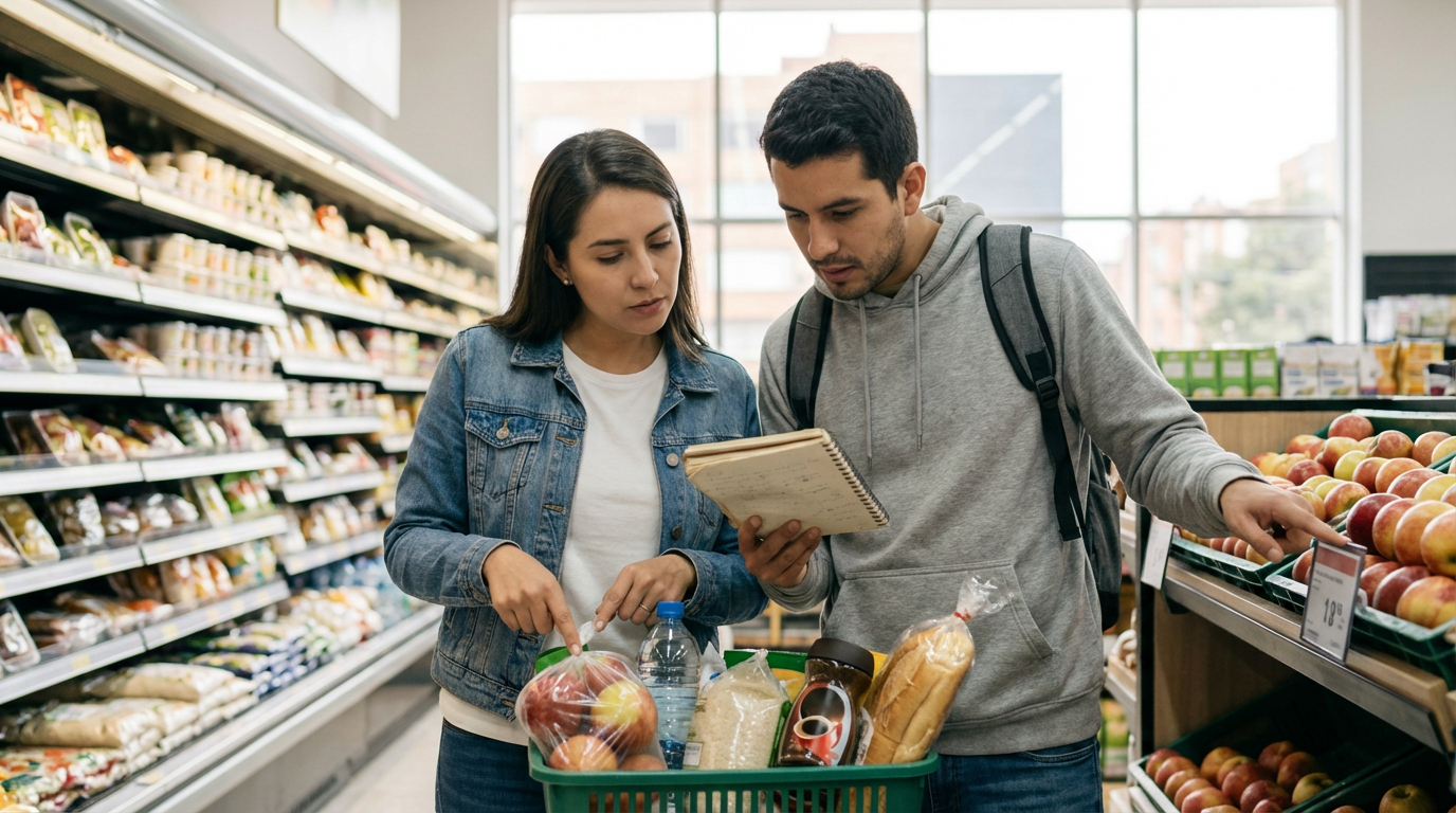 Escena hiperrealista en cocina con personas latinas organizando compras y midiendo ingredientes, mostrando cantidades y comparaciones para aprender cuantificadores en inglés, sin texto en pantalla.
