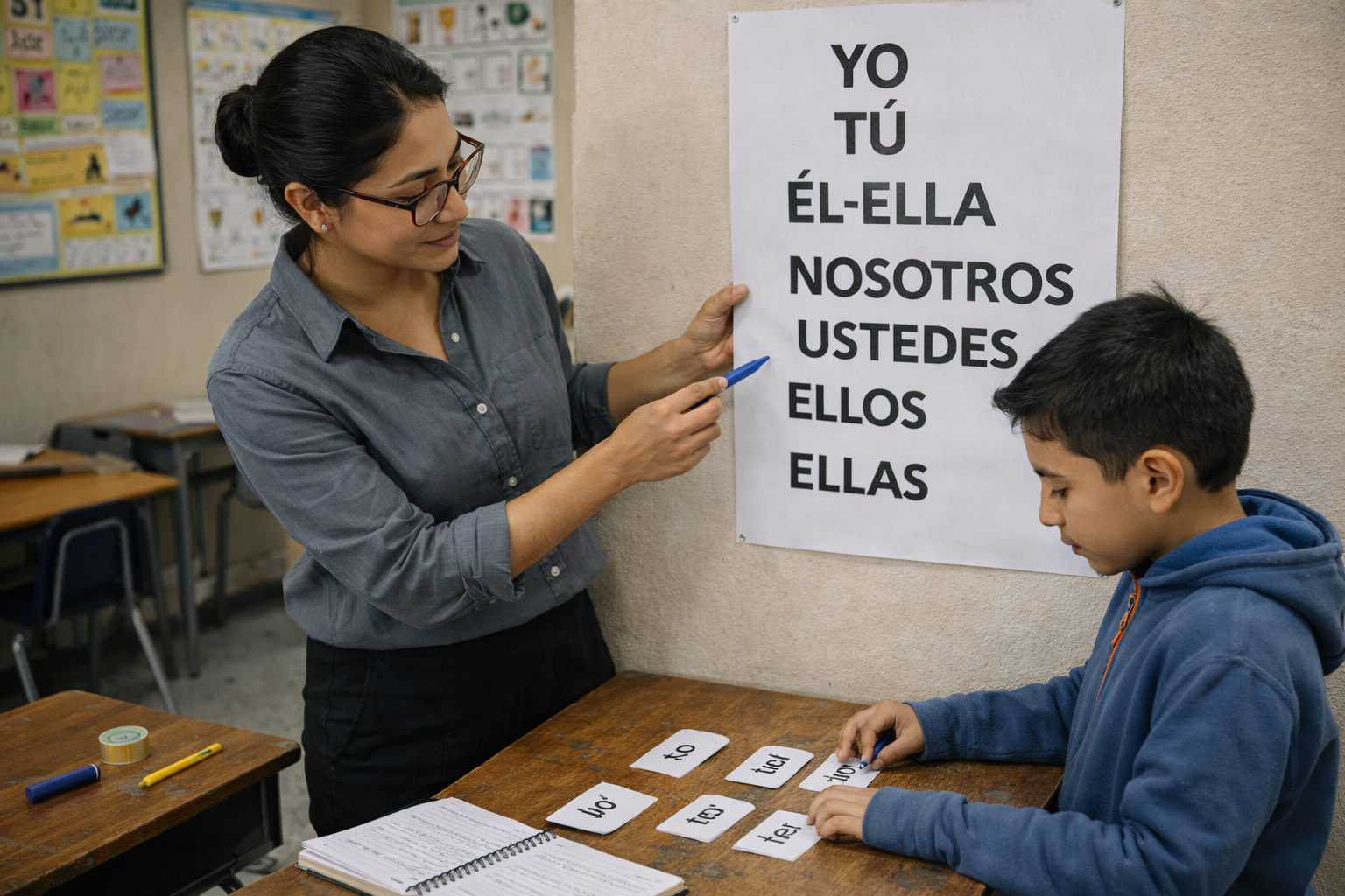 Imagen hiperrealista estilo fotografía cinematográfica, escena cotidiana en Colombia, interior de un salón de clase luminoso en una escuela pública de barrio, paredes beige claro #E5DFD4 con carteles ordenados y legibles. En primer plano, una docente latina de unos 34 años, piel trigueña realista, cabello oscuro recogido, gafas finas, camisa gris #737373 y pantalón negro #000000, sostiene una cartulina y señala con un marcador azul principal #233EFF un póster grande pegado en la pared que dice claramente “YO / TÚ / ÉL-ELLA / NOSOTROS / USTEDES / ELLOS-ELLAS” con tipografía nítida. A su lado, un niño latino de unos 9 años, cabello corto, sudadera azul secundario #548DF0 con un pequeño cierre naranja acento #F7921E, lee en voz baja y coloca tarjetas con ejemplos (“yo estudio”, “tú lees”) sobre una mesa de madera gastada; las tarjetas son blancas con esquinas redondeadas, letras negras claras, sin borrones.  Plano medio a 1.5 m, lente 35mm, profundidad de campo moderada: rostros y manos nítidos, fondo suavemente desenfocado; textura detallada de piel, telas y papel, sin apariencia plástica. Luz natural neutral de mañana entrando por ventanas laterales, sombras suaves coherentes; acentos amarillos #FFD13F en una regla y un portaminas, sin teñir toda la escena. Realismo respetuoso, objetos físicamente coherentes y visibles: marcadores, cinta adhesiva, cuaderno abierto con líneas y ejemplos legibles.  Restricciones de calidad: evitar cartoon, ilustración, anime, render 3D; evitar rostros duplicados, ojos extra, manos deformes, proporciones irreales, texto ilegible, brillo tipo porcelana; mantener coherencia física, detalle natural y grano muy sutil opcional.