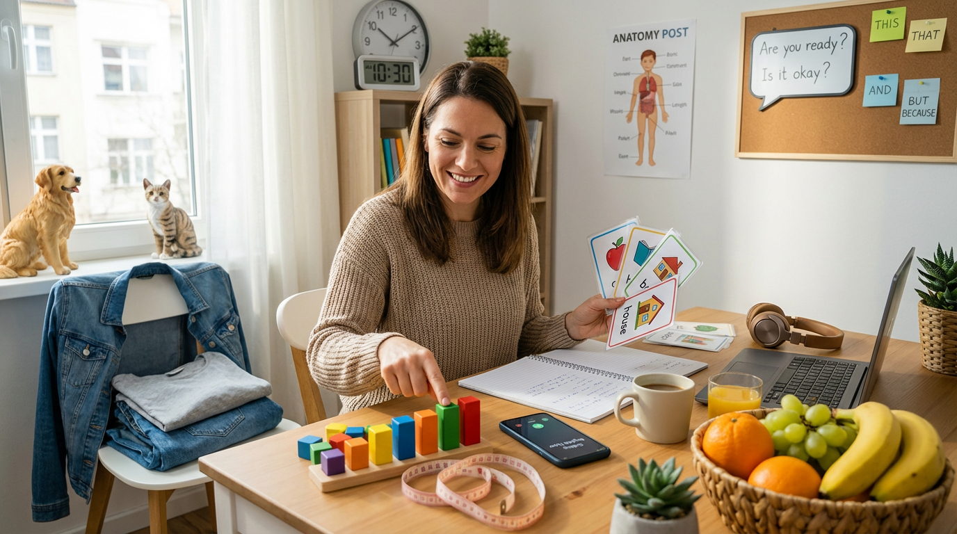 A hyper-realistic modern language learning scene in a bright, cozy classroom and home-study environment, a confident adult student smiling while studying English vocabulary with colorful flashcards and a notebook, realistic smartphone on the desk showing a simple phone call screen, a wall clock clearly visible for telling time, realistic objects representing daily topics: a folded outfit (t-shirt, jeans, jacket) for clothing, a small basket with fruits and drinks (coffee cup, juice) for food and beverages, a laptop and headphones for basic technology, a small houseplant and household objects (lamp, keys, chair) for home vocabulary, a realistic anatomy poster showing basic body parts, a cute dog and cat figurines representing animals, sticky notes on the wall showing demonstrative pronouns “THIS / THAT” and simple connectors “AND / BUT / BECAUSE”, a speech bubble board with easy yes/no questions using “to be” (Are you…? Is it…?), the student pointing at a measuring tape and counting blocks to represent measuring and counting, cinematic natural light, shallow depth of field, ultra-detailed textures, realistic skin pores, crisp focus, professional photography, 8K, HDR, high contrast, educational advertisement style, clean composition, motivational and confident mood