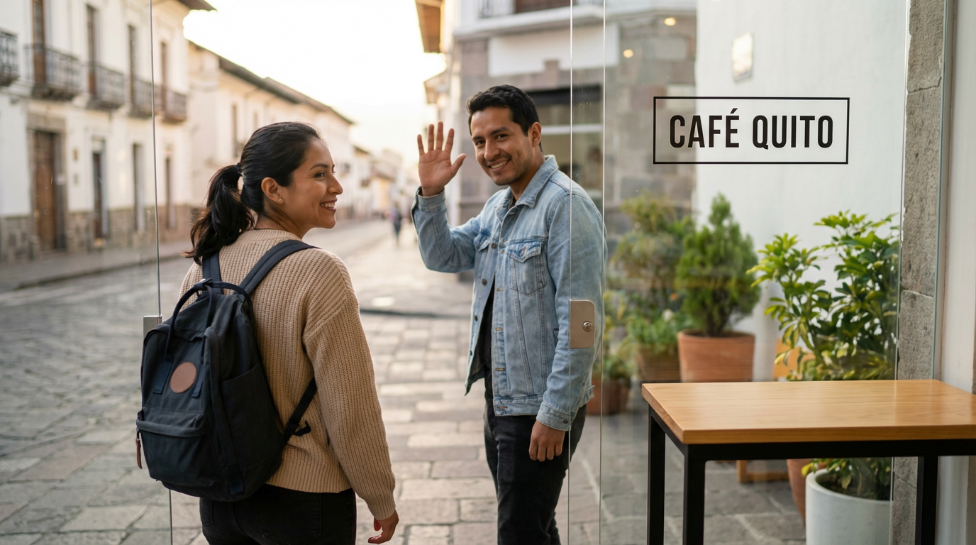 Personas latinas despidiéndose afuera de una cafetería con gesto de adiós, escena cotidiana minimalista para aprender despedidas en inglés.
