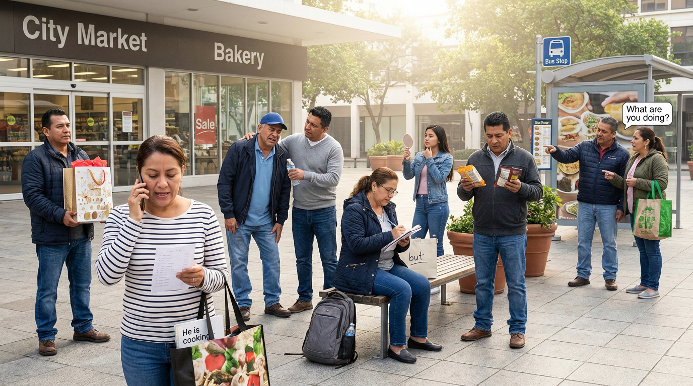 Ocho adultos latinos en una plaza urbana de Ciudad de Panamá realizando actividades cotidianas: compras en supermercado, preparación matutina, planes con amigos, comparación de precios, malestar físico, conversación y escritura. Todos del mismo tamaño en una sola escena.
