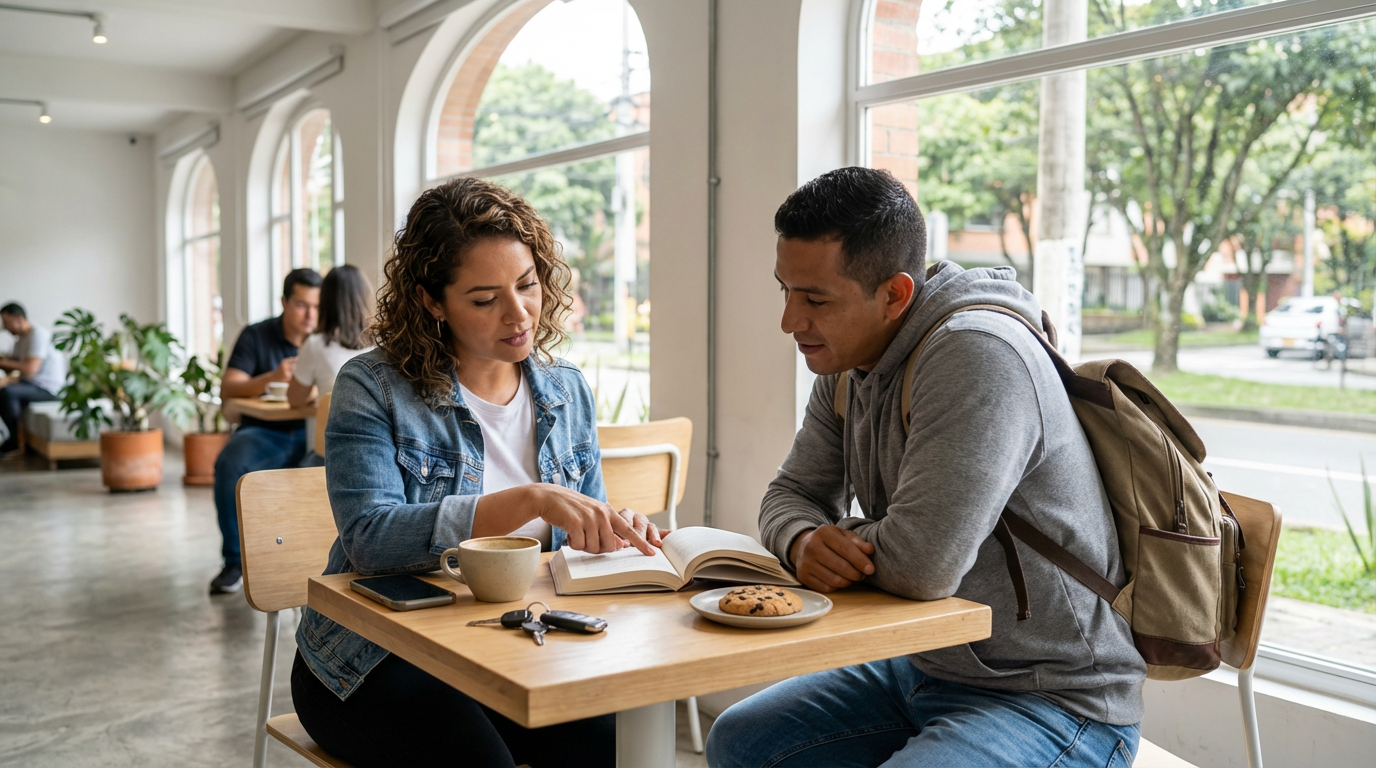 Escena hiperrealista de una profesora y un estudiante practicando articulos definidos en inglés con objetos concretos sobre una mesa (taza, libro, móvil) en un entorno cotidiano, sin texto.