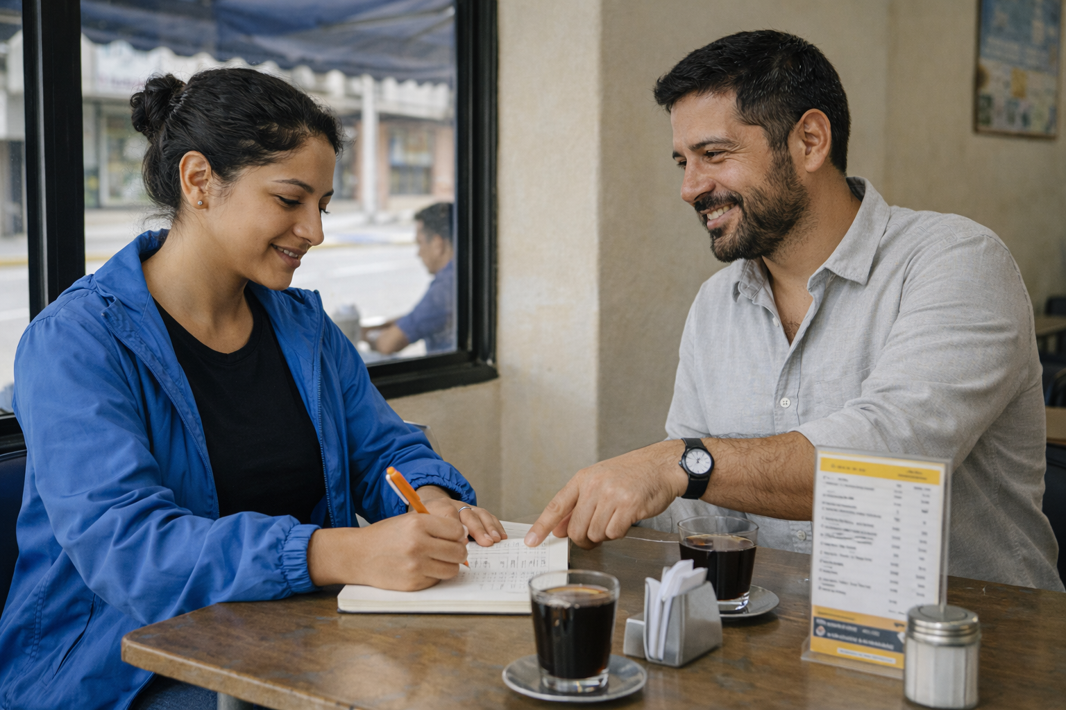 Escena hiperrealista estilo fotografía cinematográfica en una pequeña cafetería de barrio en Medellín, Colombia, a media mañana; luz natural neutral entrando por ventanales, sombras suaves y coherentes, paredes beige claro #E5DFD4, sillas metálicas gris #737373 y un toldo exterior con un borde azul principal #233EFF.  Plano medio a 1.8 m, lente 35 mm, profundidad de campo moderada, nitidez natural y grano muy sutil; piel con poros reales, telas y materiales bien definidos, sin apariencia plástica. Dos adultos latinos: mujer de ~32 años, piel trigueña, cabello negro rizado recogido, camiseta de algodón negro #000000 y chaqueta ligera azul secundario #548DF0; hombre de ~35 años, barba corta, cabello castaño oscuro, camisa de lino gris #737373 y reloj simple. Están conversando mientras esperan dos tintos en vasos de vidrio; la mujer anota en una libreta crema #E5DFD4 frases cotidianas que él le dicta con una sonrisa tranquila, señalando con un bolígrafo naranja acento #F7921E. En la mesa: servilletas, una azucarera metálica, una tarjeta de menú con detalles amarillos #FFD13F legibles y una jarra de agua; todo visible, proporcional y físicamente coherente.  Evitar estética cartoon, ilustración, anime, render 3D; evitar rostros duplicados, manos deformes, proporciones irreales, texto ilegible, superficies tipo porcelana; realismo cotidiano, coherencia física y detalle natural.