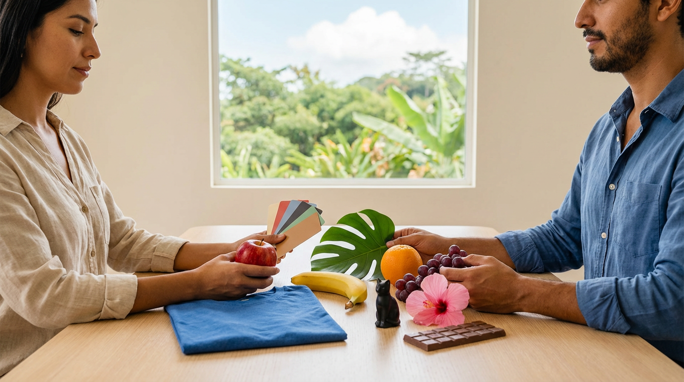 Imagen sobre colores en inglés con personas latinas usando objetos cotidianos de distintos colores para practicar vocabulario.