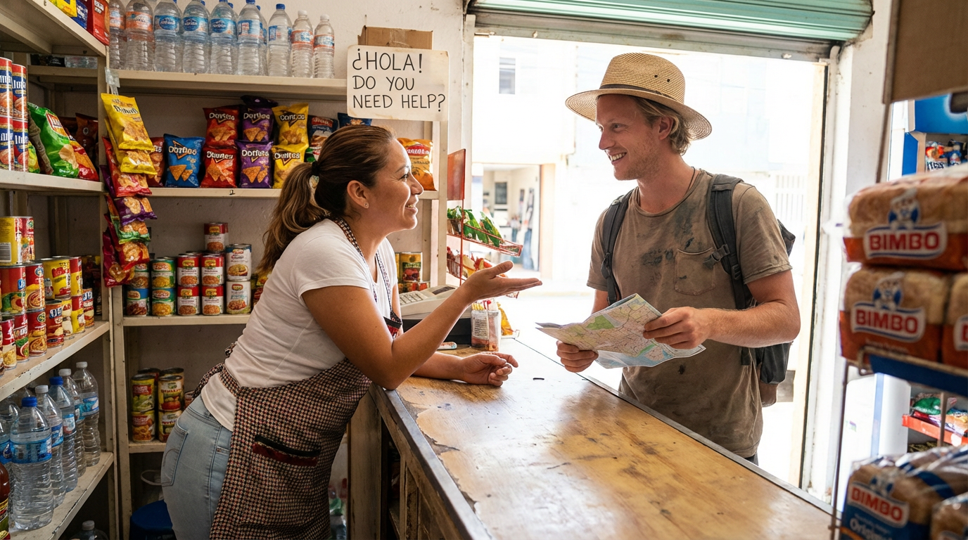 una vendedora está apoyada en el mostrador sonriendo y hablando con un turista que lleva sombrero y mochila, mientras él sostiene un mapa como si estuviera pidiendo indicaciones. Detrás de ella hay estantes con botellas de agua, latas y snacks, y arriba un cartel que dice: “¿HOLA! DO YOU NEED HELP?”. Es una escena perfecta para practicar preguntas de si o no porque parece una conversación de ayuda rápida en una tienda.