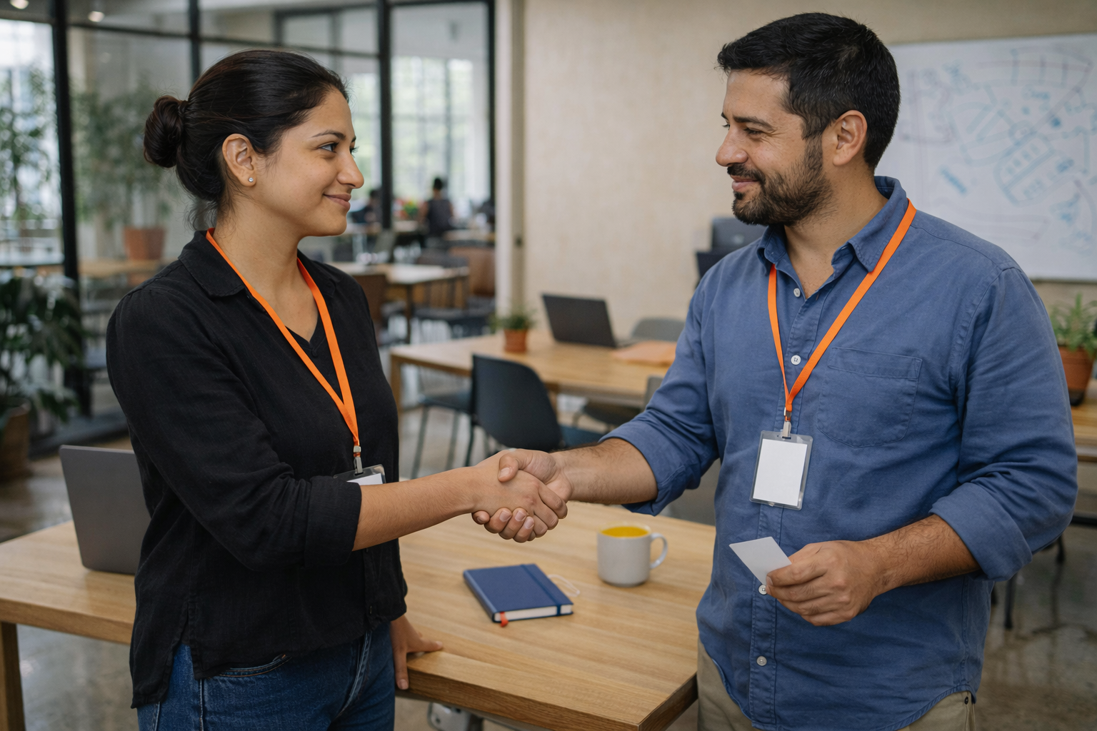Interior de un coworking en Bogotá, Colombia, a media mañana; mesas de madera clara, plantas en macetas de barro, ventanales con luz suave y neutral. En el fondo, una pared beige claro #E5DFD4 y una pizarra con trazos abstractos sin texto legible; sobre una mesa, una laptop gris #737373, una libreta con banda elástica azul principal #233EFF y una taza con pequeño acento amarillo #FFD13F.  En primer plano, dos adultos latinos de apariencia real: una mujer de ~32 años, piel trigueña con poros visibles, cabello castaño oscuro recogido, blusa de lino negro #000000 y jeans; un hombre de ~35 años, tez morena clara, barba corta, camisa azul secundario #548DF0 arremangada y pantalón beige. Ambos con credenciales en cordón naranja acento #F7921E, sin texto legible.  La mujer se presenta extendiendo la mano mientras sonríe con calma; el hombre responde al apretón y asiente, sosteniendo una tarjeta simple sin letras visibles. Se percibe una intención cordial y profesional, gesto cotidiano y natural, sin dramatismo.  Imagen hiperrealista estilo fotografía cinematográfica, plano medio a 1.5 m, lente 35 mm, profundidad de campo moderada con fondo suavemente desenfocado, nitidez natural, sombras coherentes, grano muy sutil. Alto detalle en piel, telas y materiales (madera, vidrio, metal) evitando piel plástica. Evitar estética cartoon/anime/ilustración/render 3D, rostros duplicados, manos deformes, proporciones irreales, artefactos y texto ilegible invasivo; realismo físico y coherencia total.