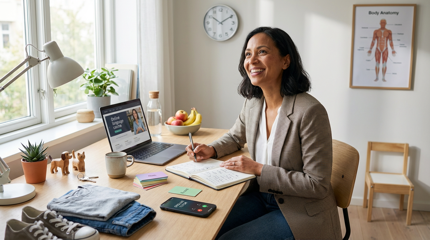 Hyper-realistic professional photo of a confident adult student studying English at a modern desk, smiling naturally and looking motivated. On the desk: open notebook with handwritten notes, colorful flashcards, a laptop, a smartphone with a call interface, a simple analog wall clock visible in the background, and everyday objects representing daily vocabulary topics: folded clothing (t-shirt, jeans, sneakers), food and drinks (fruit bowl, coffee mug, water bottle), household items (lamp, keys, plant, small chair), small animal figurines (dog and cat), a body anatomy poster without readable text, a measuring tape and small counting blocks. Bright natural daylight, cinematic soft lighting, shallow depth of field, ultra-detailed textures, realistic skin pores, 8K, HDR, sharp focus, minimal clean composition, inspiring confident mood, high-end educational advertising photography