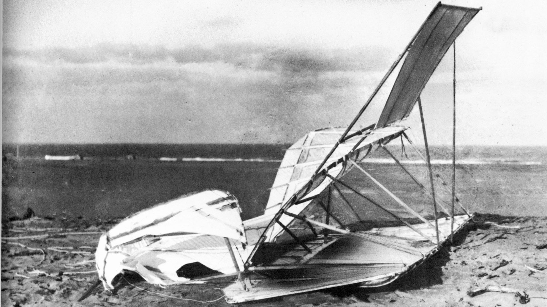 Crumpled Wright 1900 glider, Kitty Hawk, North Carolina.