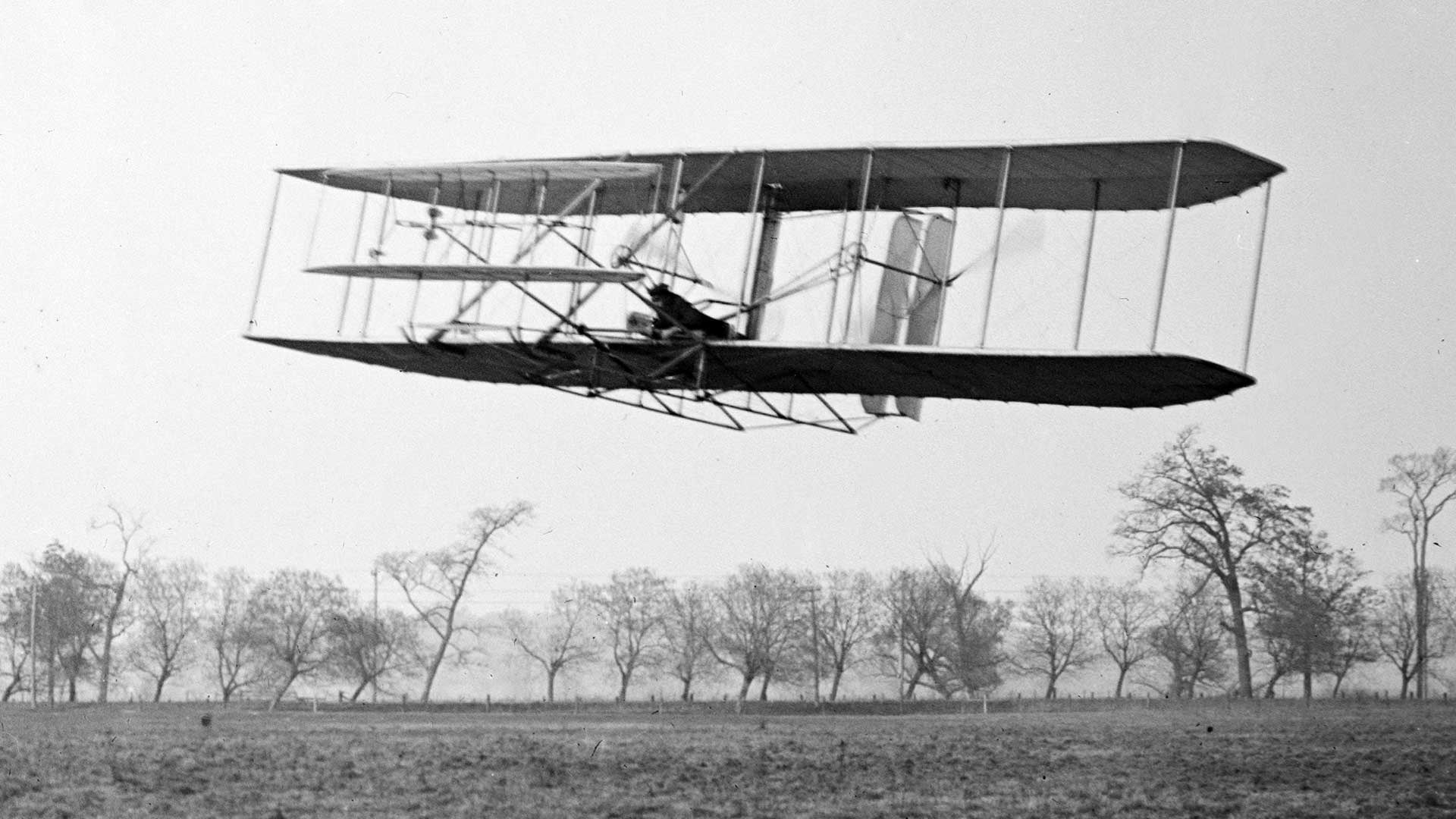 Flight 85: Orville Wright in flight, distance of approx. 1,760 feet in 40 1/5 seconds; Huffman Prairie, Dayton, Ohio, November 16, 1904.