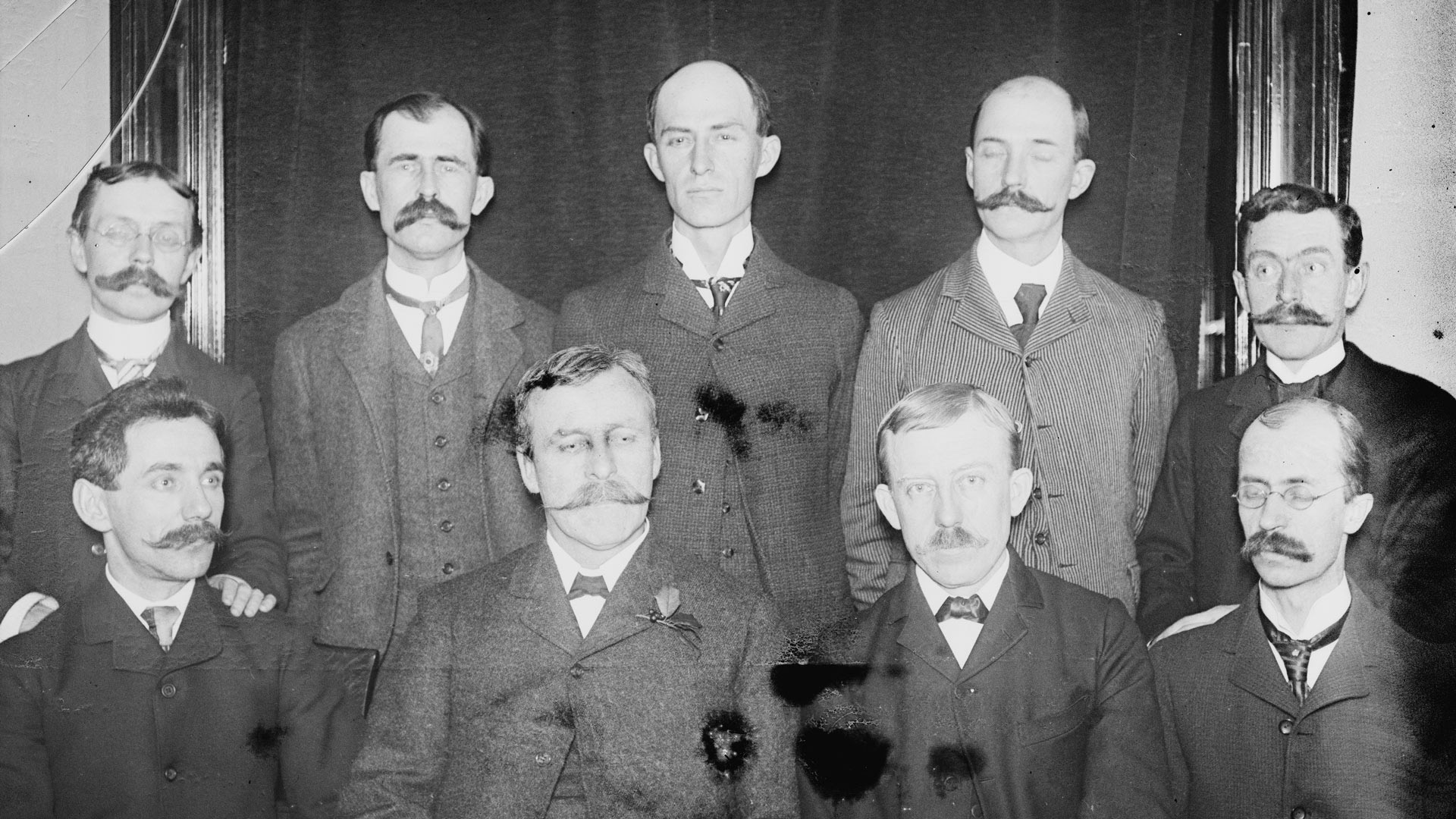 Wilbur Wright in center of back row. His brothers Reuchlin next to him on  left and Lorin seated lower left; Dayton, Ohio, 1900.