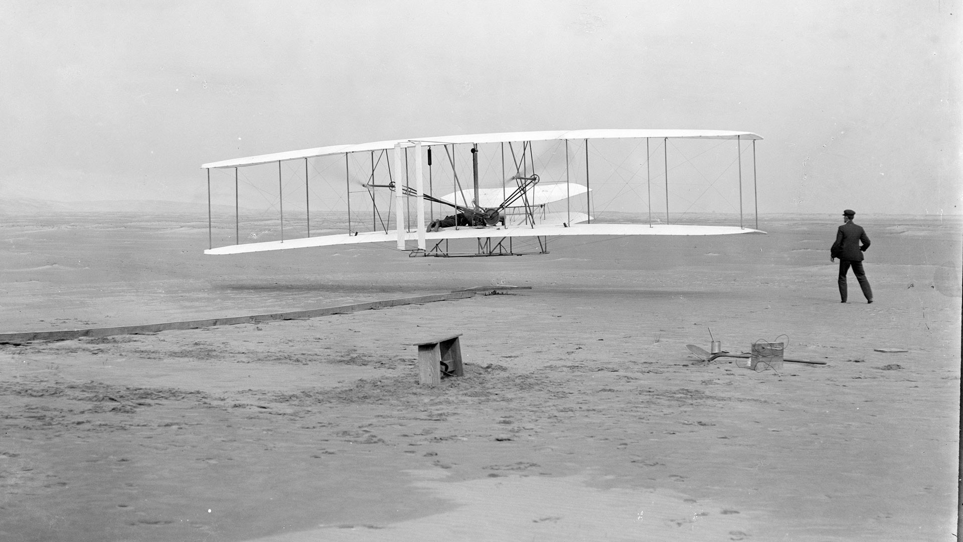 Orville Wright's 1st historic flight, 120 feet in 12 seconds, captured by John T. Daniels on  December 17, 1903; Kitty Hawk, North Carolina.