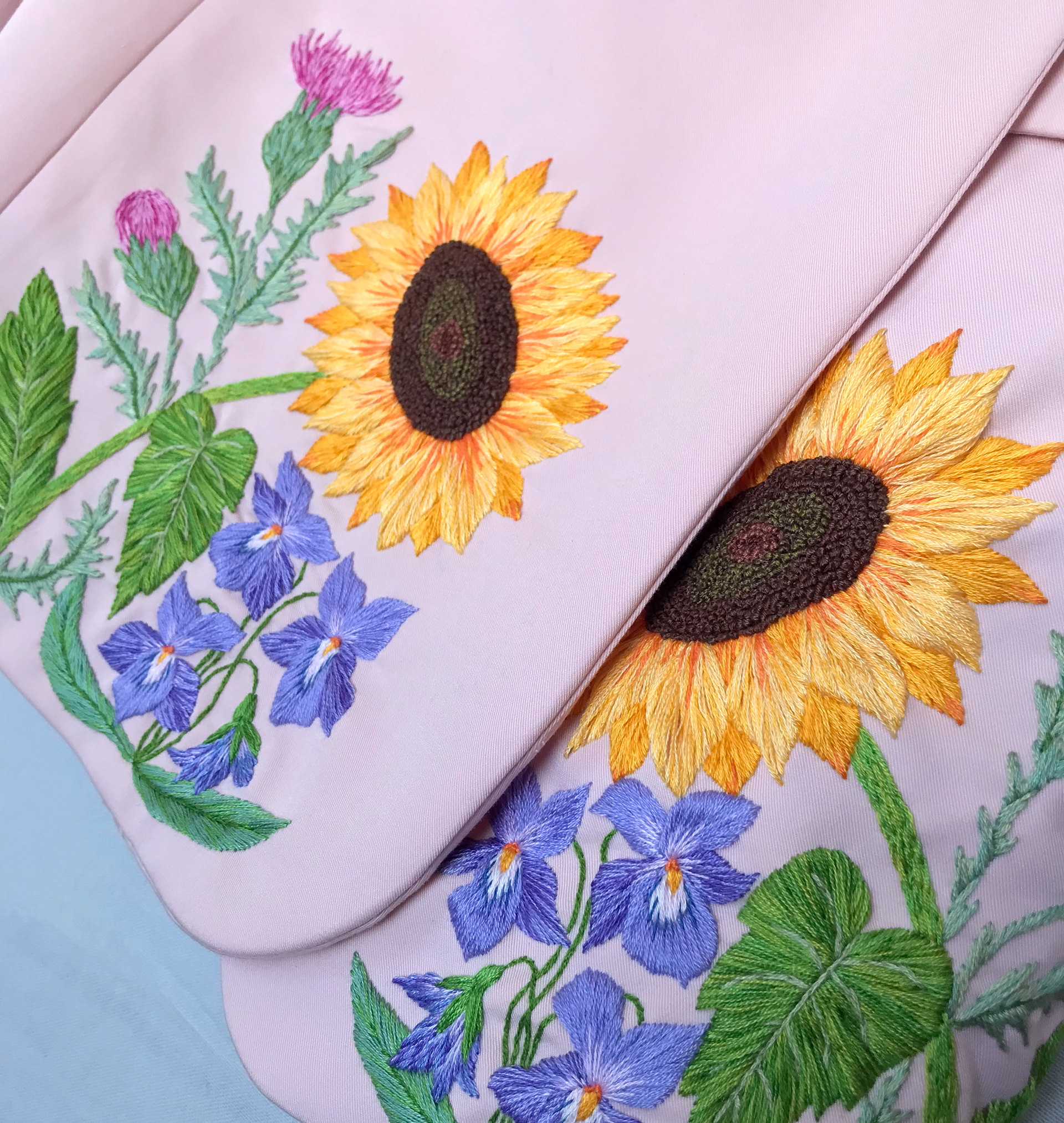 sunflower, violets and thistles embroidery