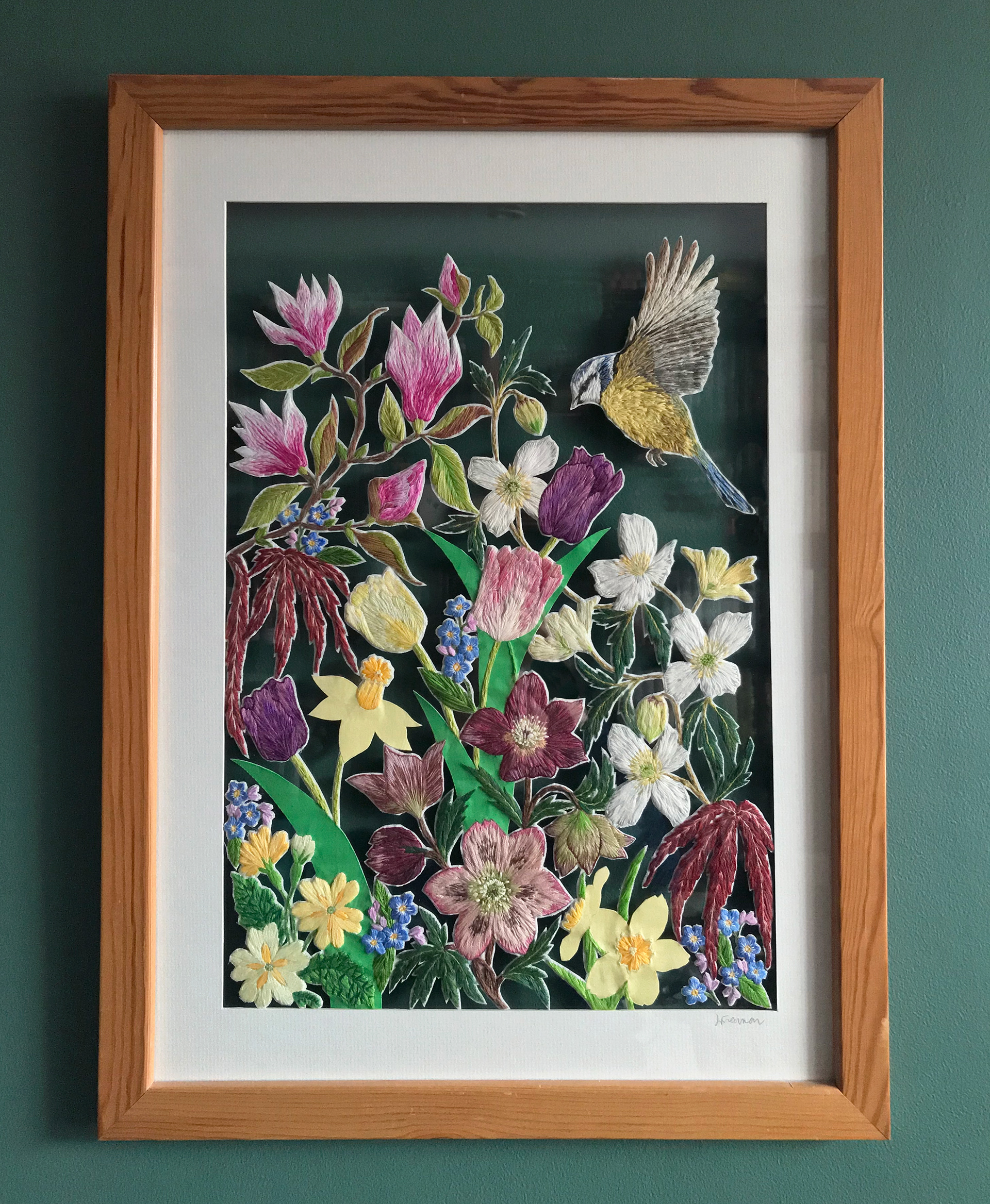 bespoke garden blue tit embroidery