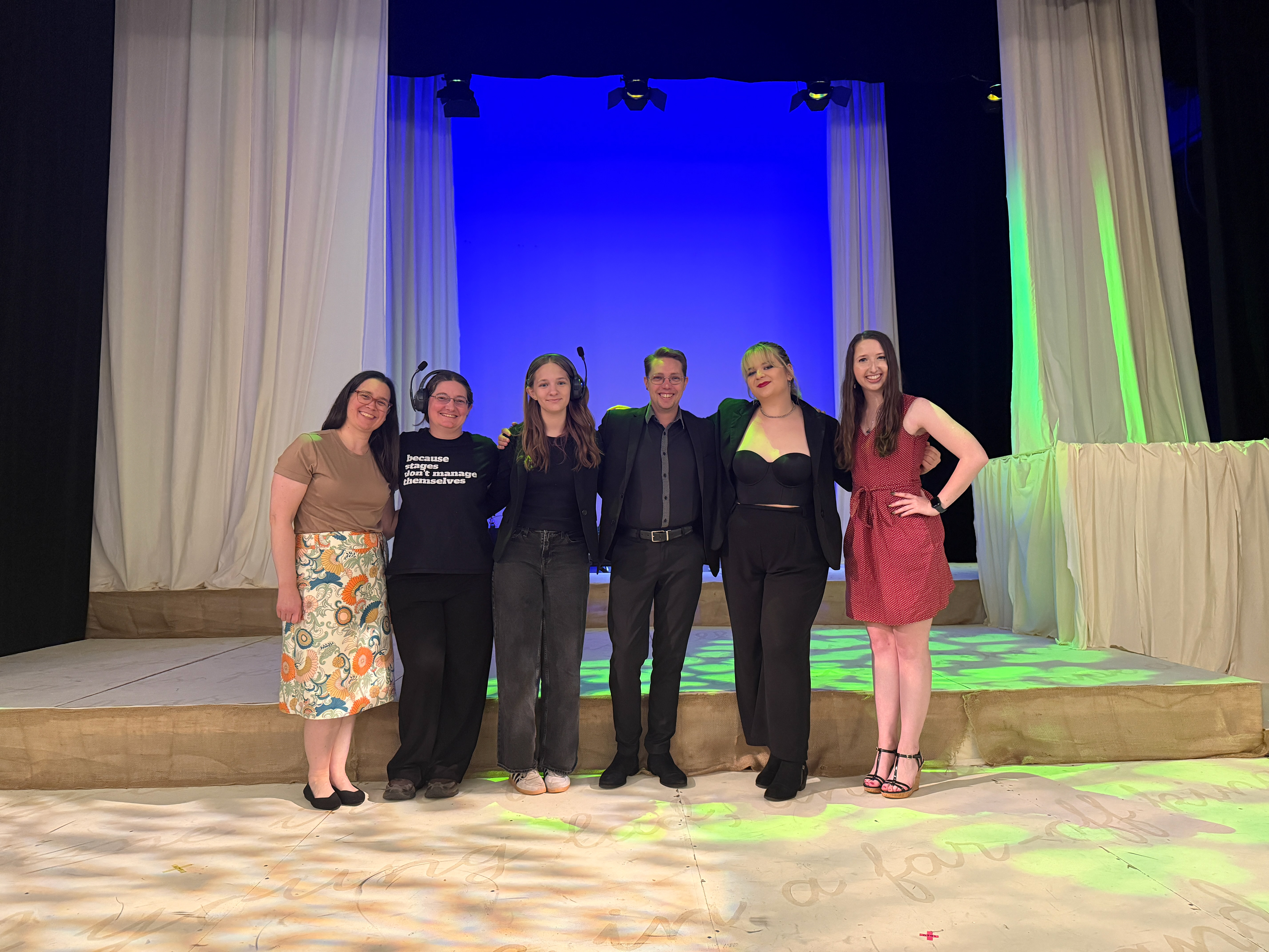 Production team for Into the Woods (2026). From left to right: Erin Dotson-Kelly (Producer), Jessica McKenna (Stage Manager), Callie Sauve (Stage Manager), John "Rusty" Koenig (Music Director), Ava Dell'Orfano (Director), Lara Beckius (Choreographer)