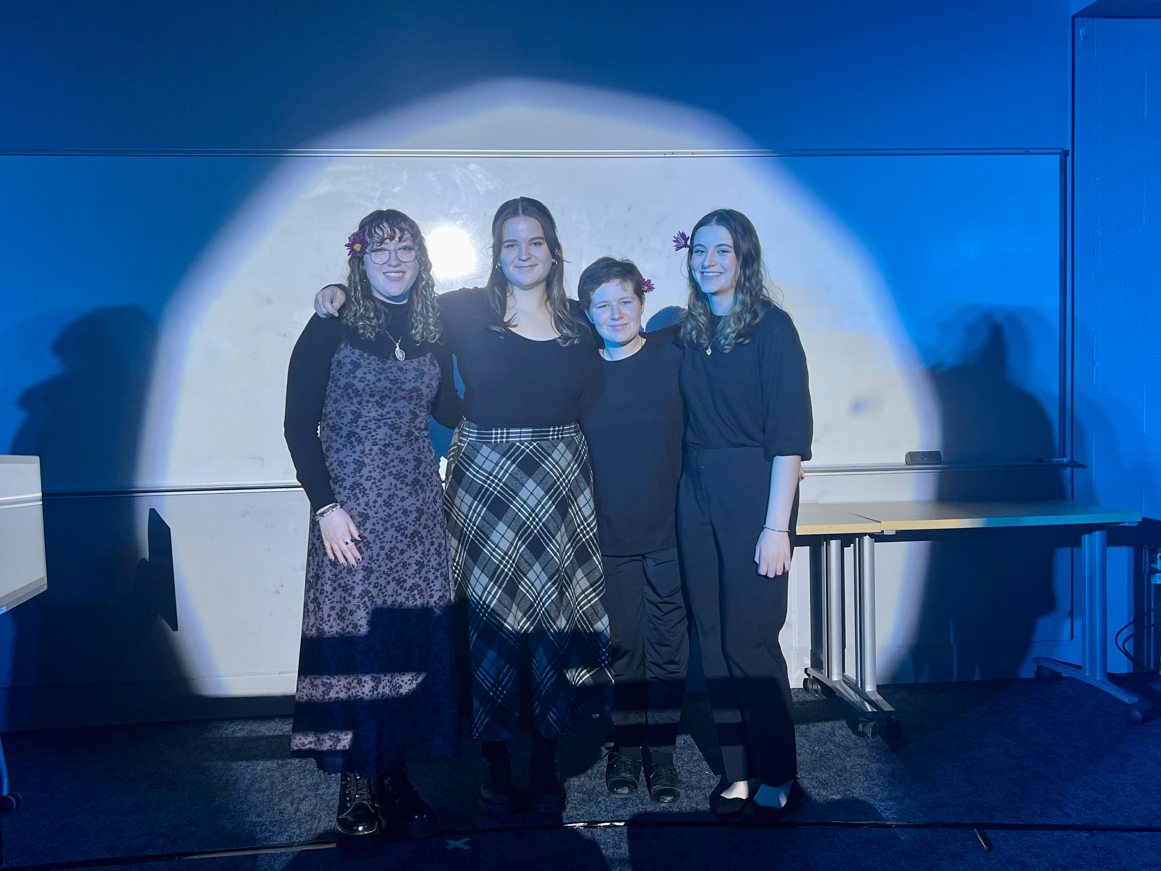 Production team for The Mad Ones (2024). From left to right: Giovanna Doria (Technical Director), Ava Dell'Orfano (Director), Jenna Ulizio (Stage Manager), and Emily Dell'Orfano (Music Director)