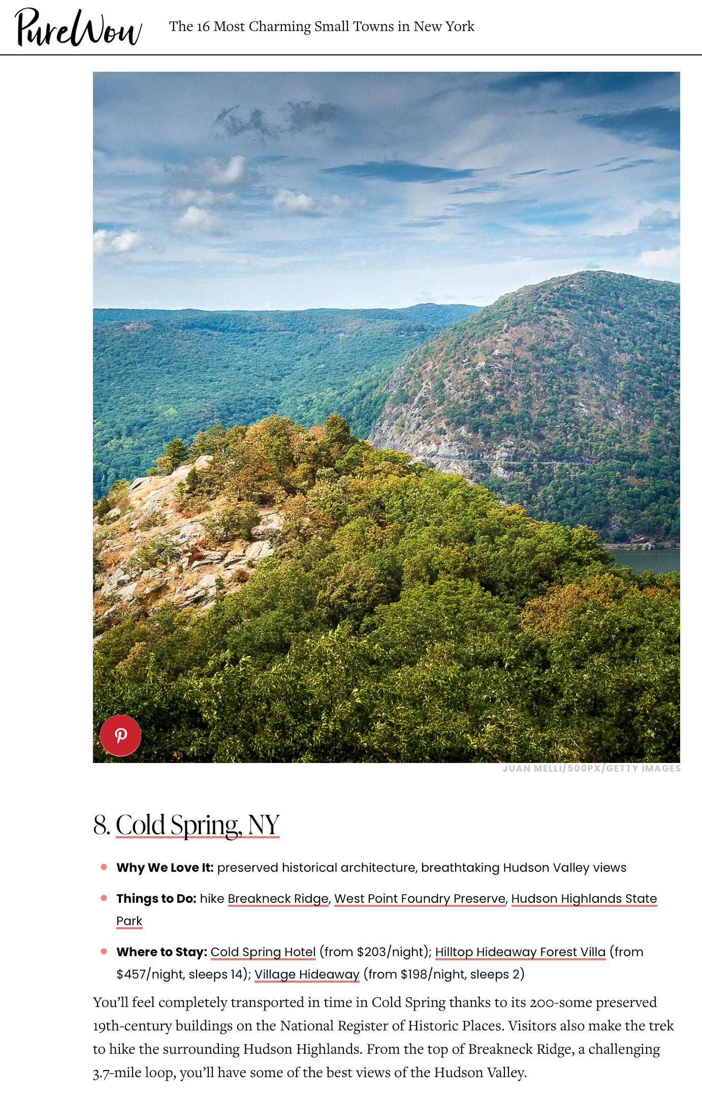 Breakneck Ridge and Storm King photo feature in PureWow in a story about charming towns in New York