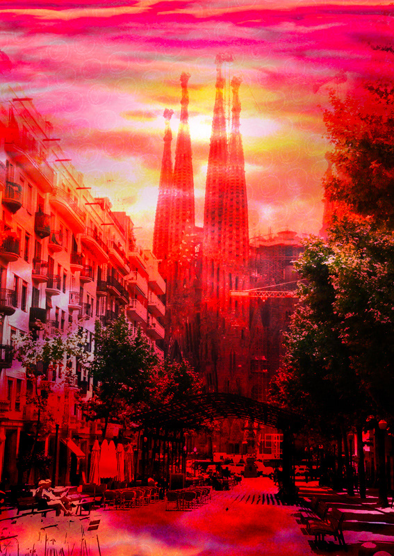 La Sagrada Familia à Barcelone s'impose au bout de cette petite rambla dans une quartier calme. Le travail numérique a fait subir à la photographie de forts contrastes et effets. Des couleurs de soleil couchant viennent s'incruster sur l'image pour créer une atmosphère onirique.
