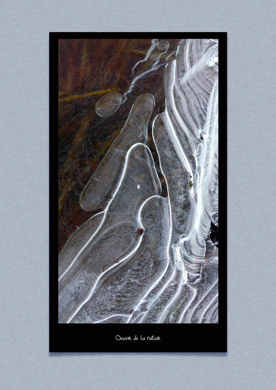 Glace figée au bord du lac formant des lignes graphiques. La photographie centrale qui est en couleur n'est pas un montage ; elle est cadrée et posée sur un fond gris texturé. La glace trace toutes sortes de lignes et de motifs. La nature nous offre son œuvre.