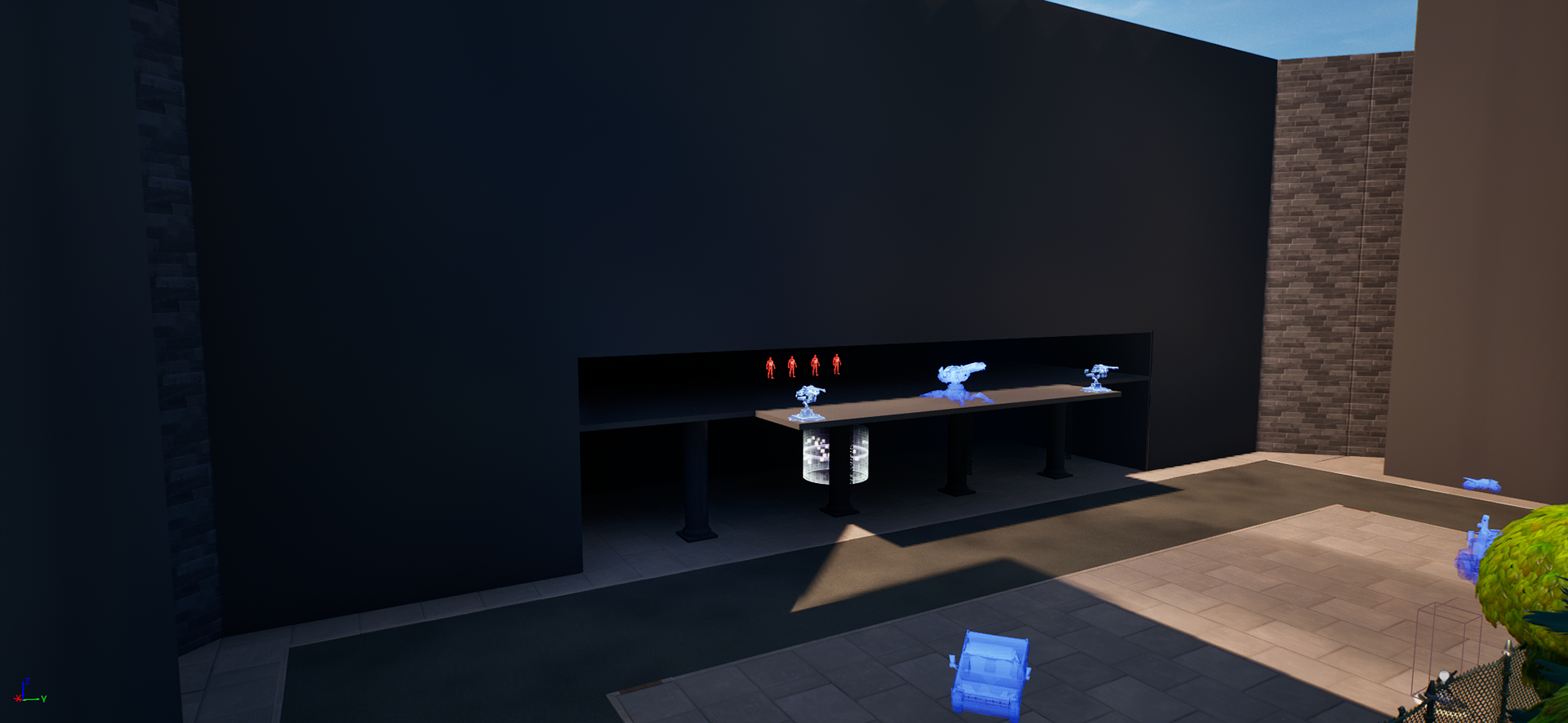 Original Base layout with three turrets and vehicles from greybox