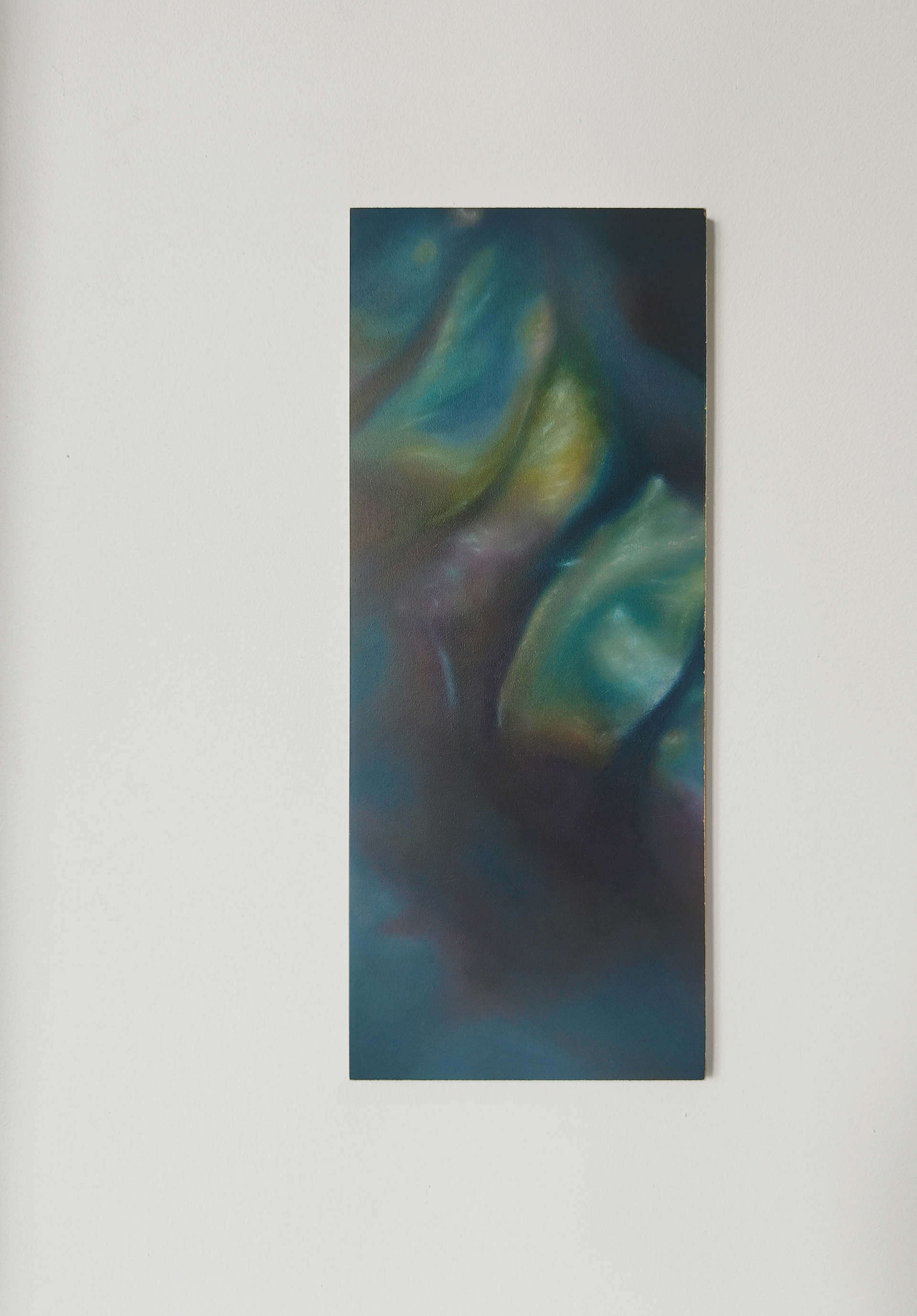 Given to tears, worn by the character of sacrament, 2024, Oil and coloured pencil on MDF, 12.1 x 29.5 cm.