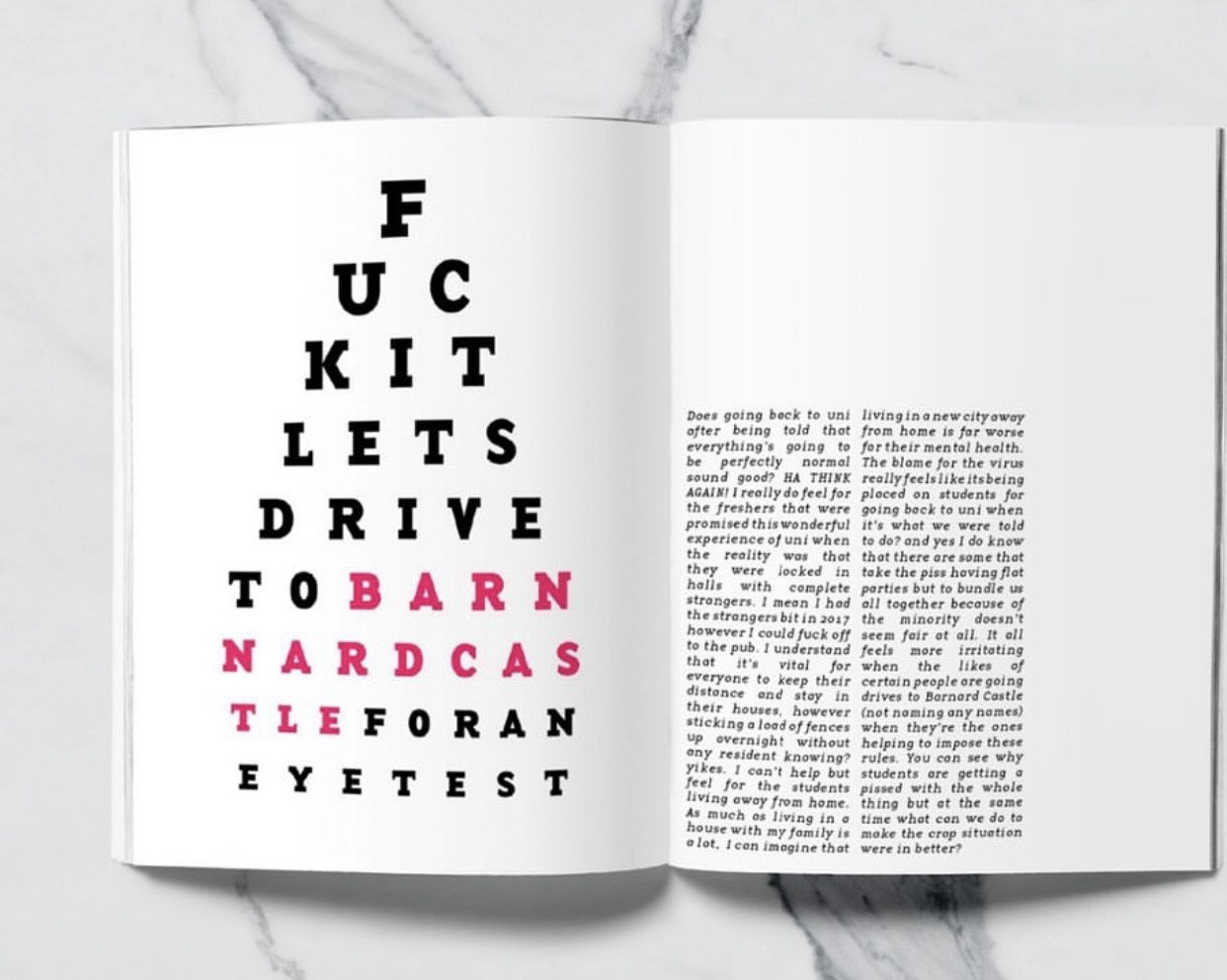 'fuck it lets drive to Barnard Castle' eye test