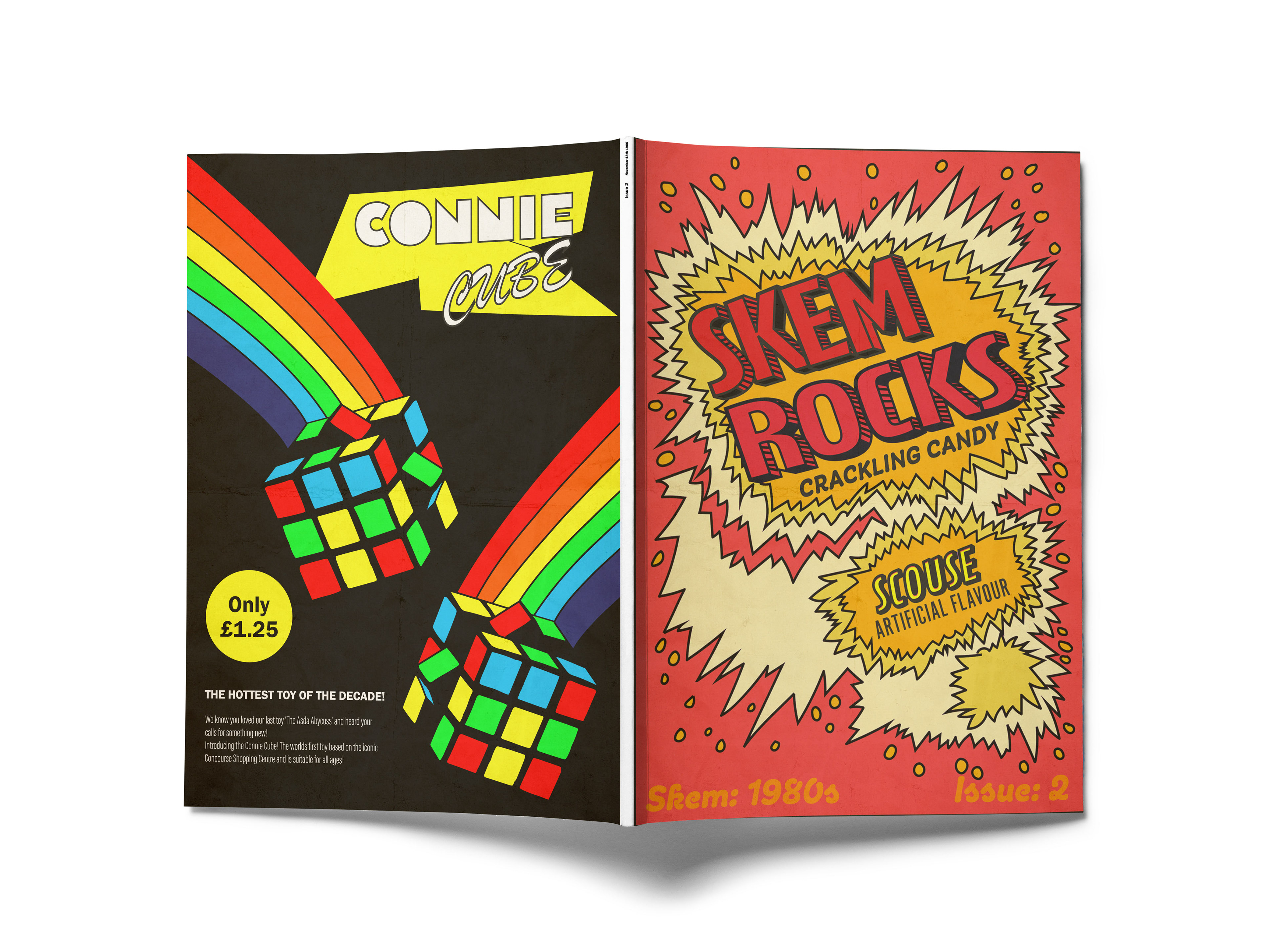1980's style front and back covers inspired by pop rocks sweets and the Rubix cube