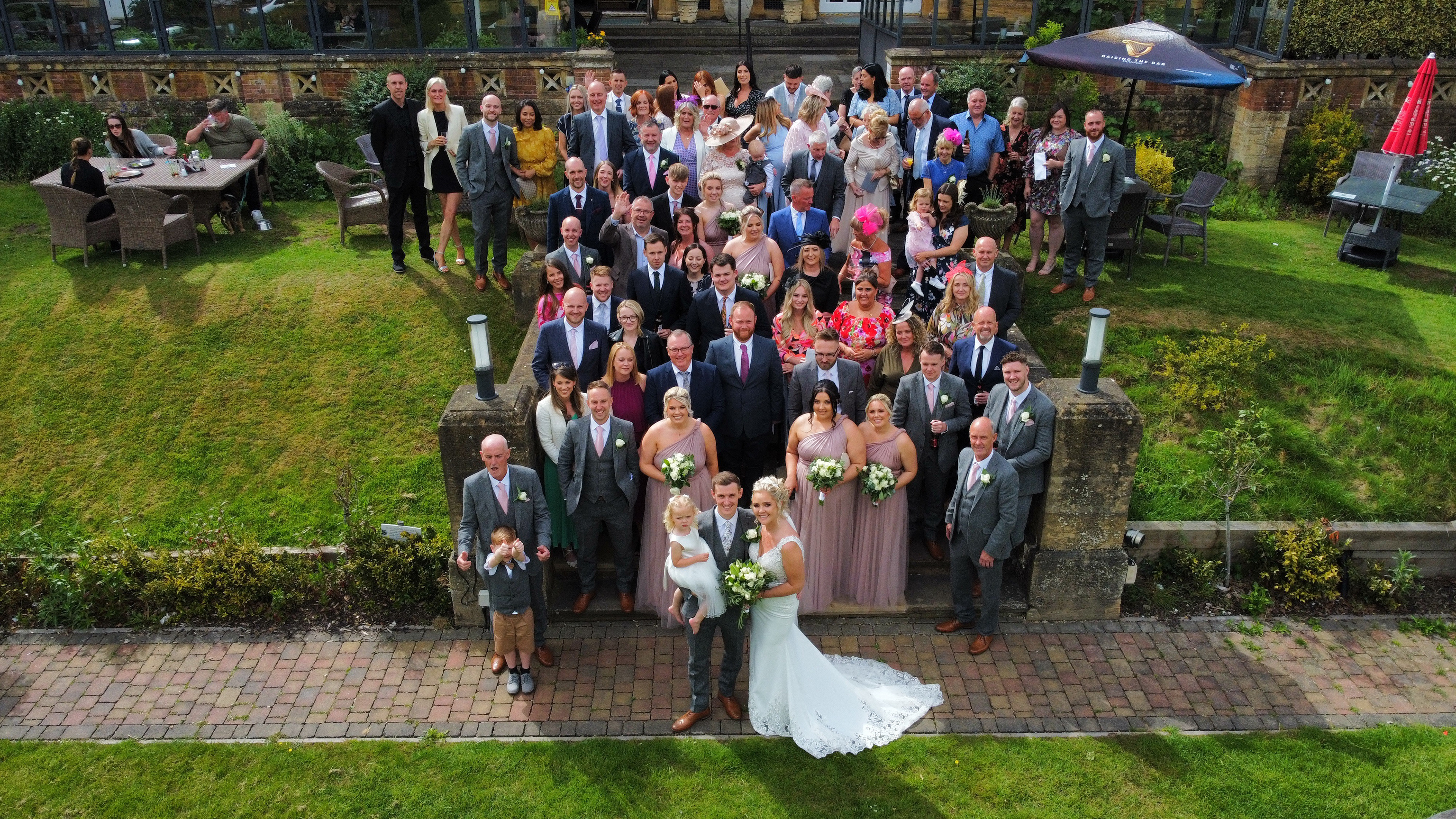 drone wedding group shot y The Multi Media Market Wedding Photography in Dudley.