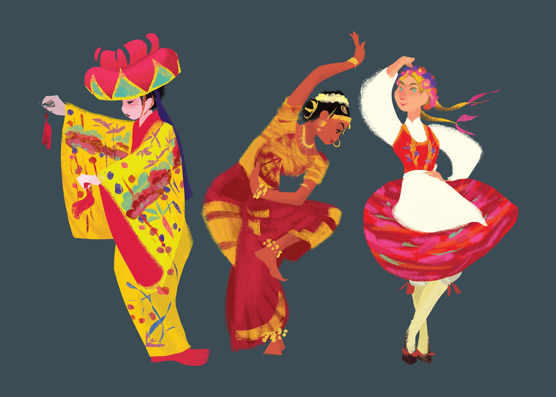 Folk Dancers (Okinawa, India, Poland)